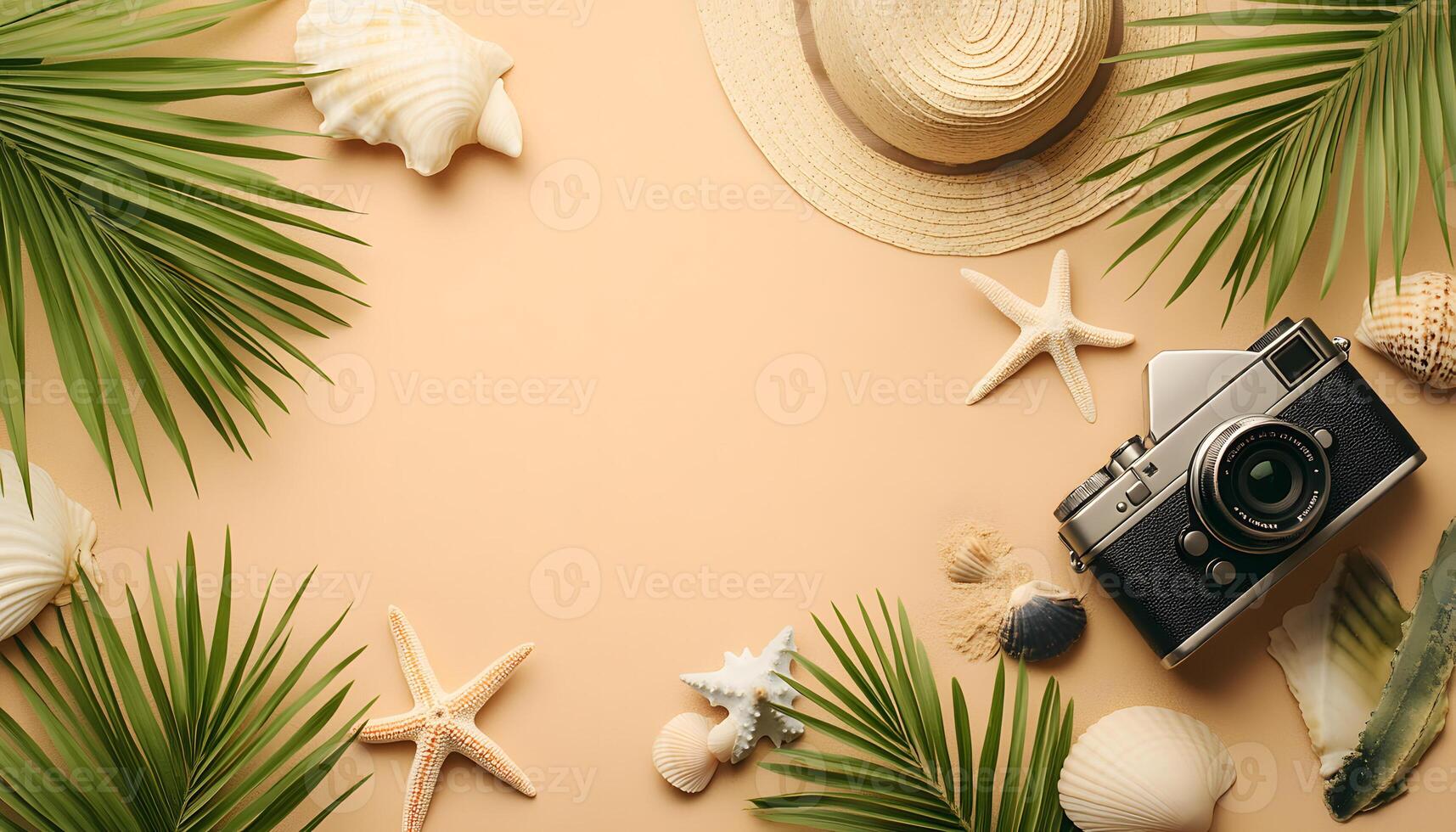 Summer Vacation Flat Lay with Palm Leaves, Seashells, and Camera. photo