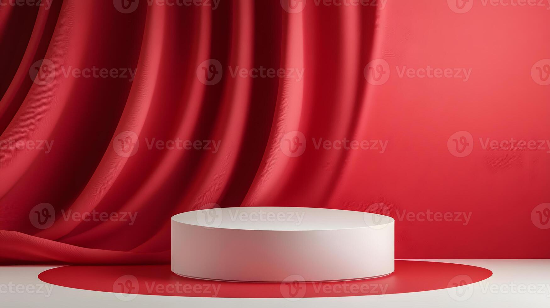 White Cylinder Platform on Red Background with Draped Fabric. photo