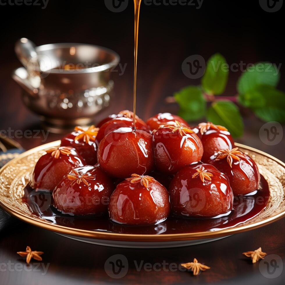 gulab jamun, a Indian dessert of deep-fried dough balls soaked in sugar syrup flavored with rose water or cardamom, presence festivals such as Holi and Diwali photo