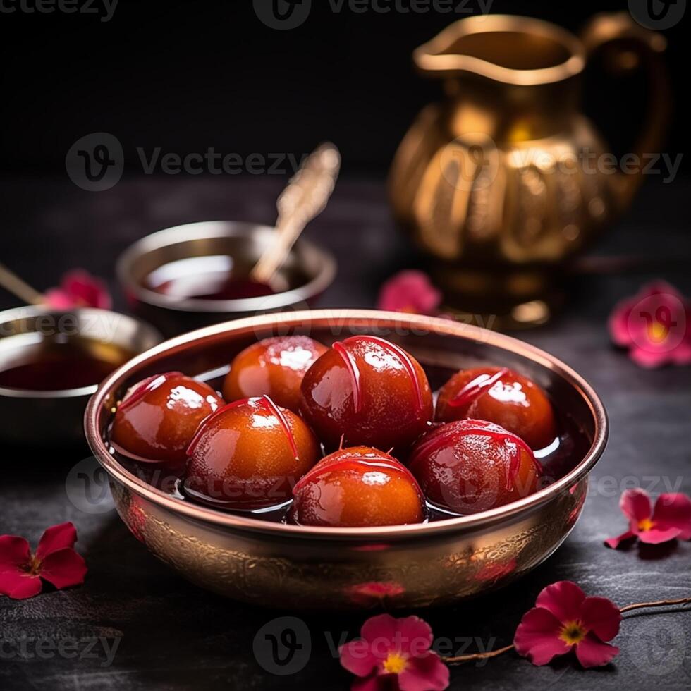 gulab jamun, a Indian dessert of deep-fried dough balls soaked in sugar syrup flavored with rose water or cardamom, presence festivals such as Holi and Diwali photo