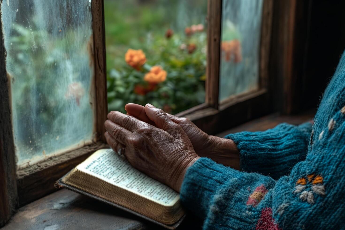 an old black woman's hands folded in prayer against a bible, close up. photo