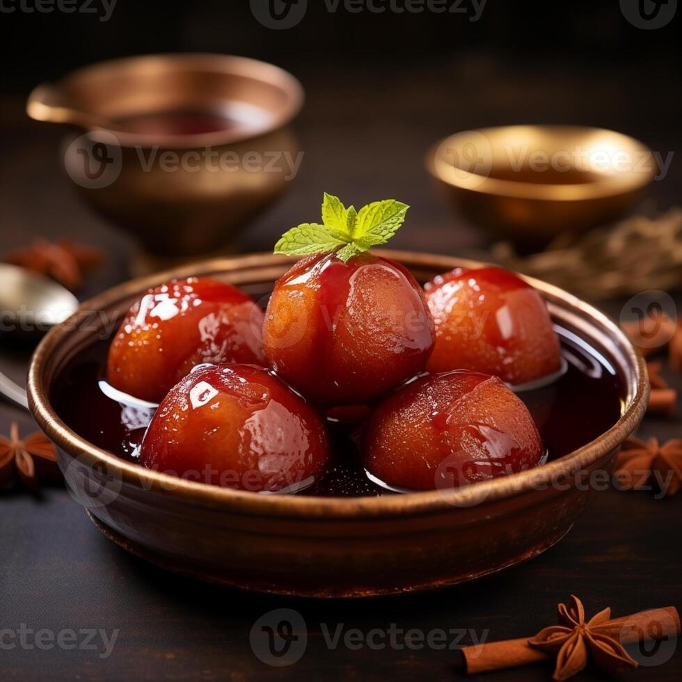 gulab jamun, a Indian dessert of deep-fried dough balls soaked in sugar syrup flavored with rose water or cardamom, presence festivals such as Holi and Diwali photo