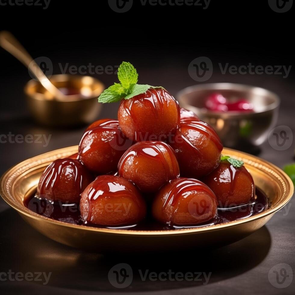 gulab jamun, a Indian dessert of deep-fried dough balls soaked in sugar syrup flavored with rose water or cardamom, presence festivals such as Holi and Diwali photo