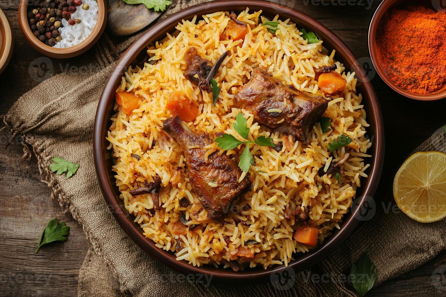 biryani, a fragrant rice dish with meat or vegetables, prepared with a variety of spices,popularity during festivals like Eid, featuring pieces of meat, rich spices, and aromatic herbs photo