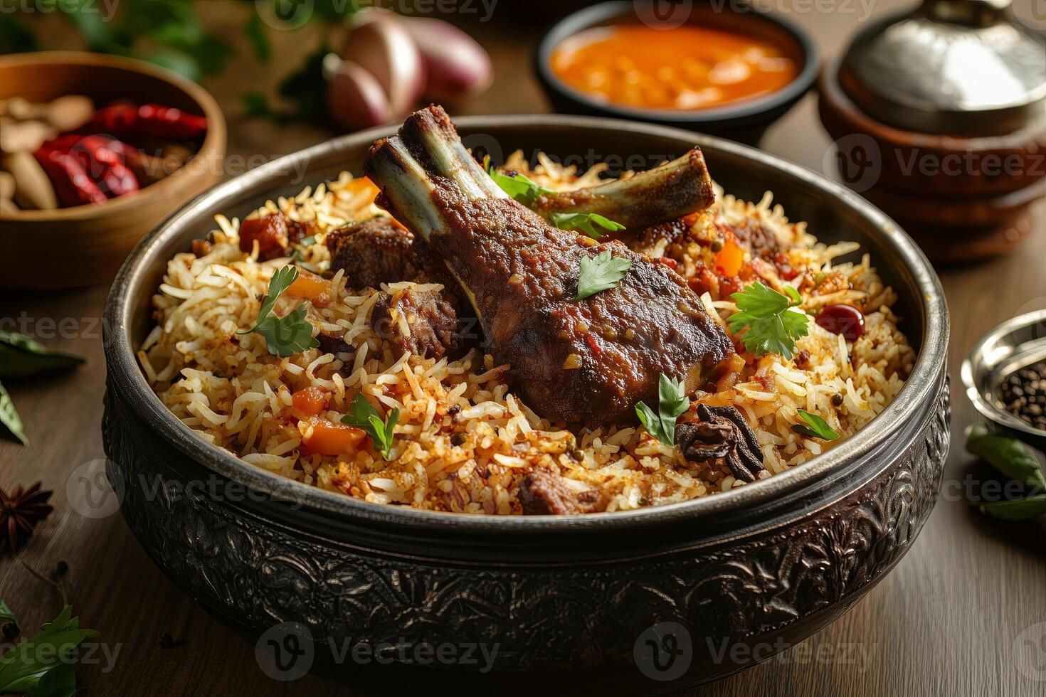 biryani, a fragrant rice dish with meat or vegetables, prepared with a variety of spices,popularity during festivals like Eid, featuring pieces of meat, rich spices, and aromatic herbs photo