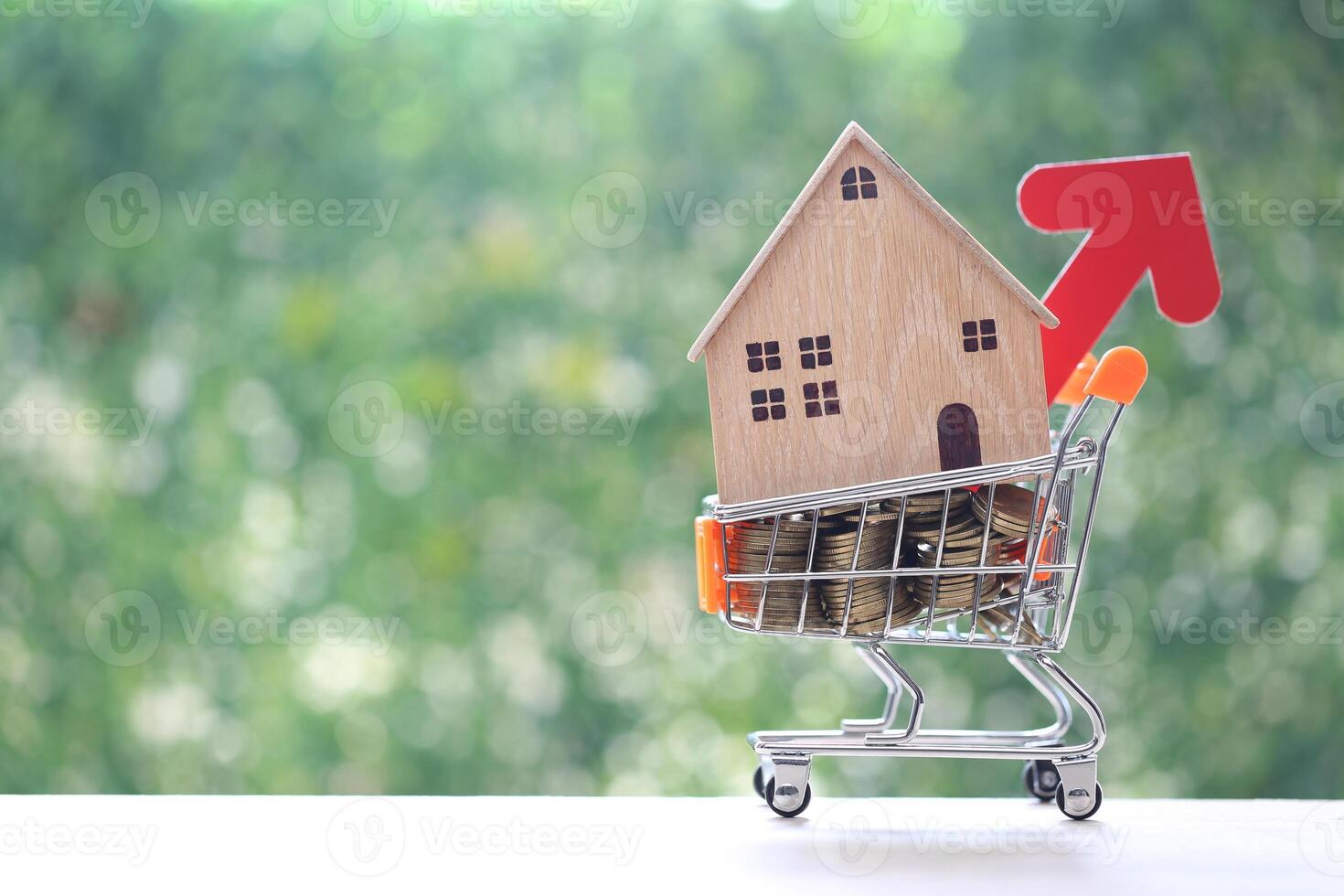 Finance,Model house and stack of coins money on model miniature shopping cart on natural green background,Business investment and Save money for prepare in future concept photo