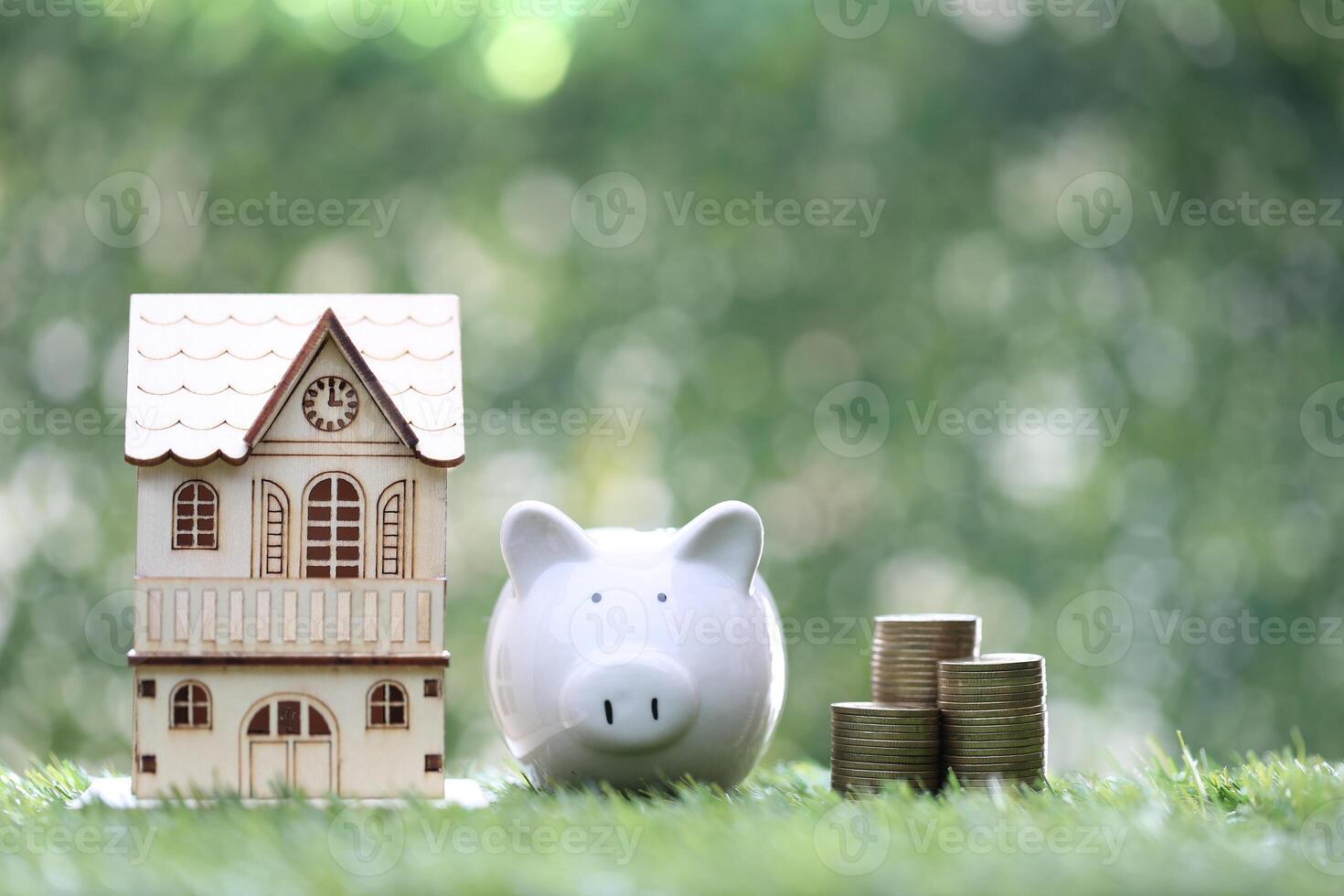 Finance, Model house with piggy bank and stack of coins money on natural green background,Business investment and real estate concept photo