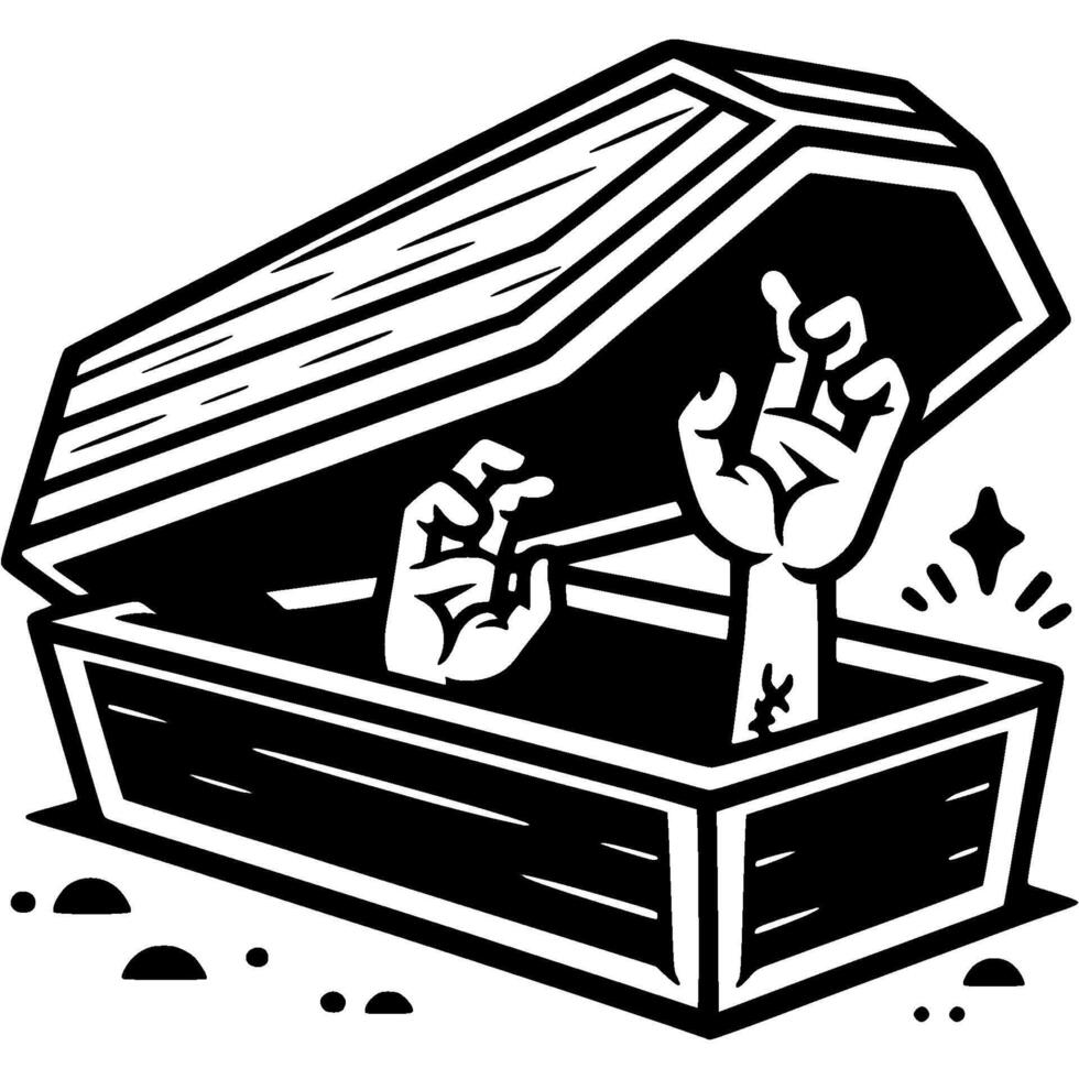 Zombies emerge from closed wooden coffin in monochrome. Simple minimalistic in black ink drawing on white background vector