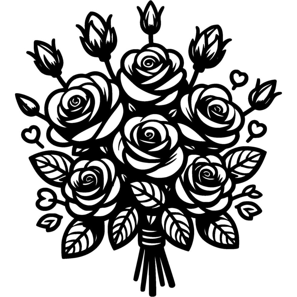 Holiday gift bouquet of roses in monochrome. Simple minimalistic in black ink drawing on white background vector