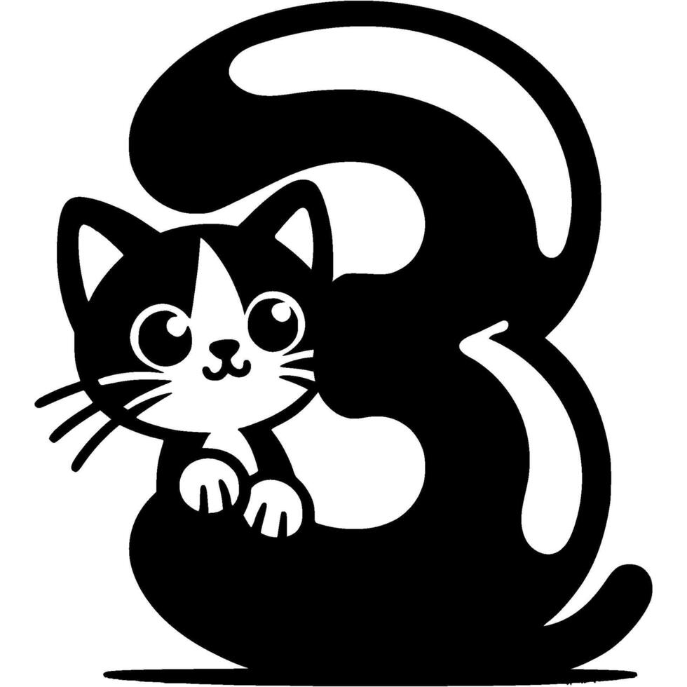 Little kitten hid behind the number three digit in kitty style in monochrome. Simple minimalistic in black ink drawing on white background vector