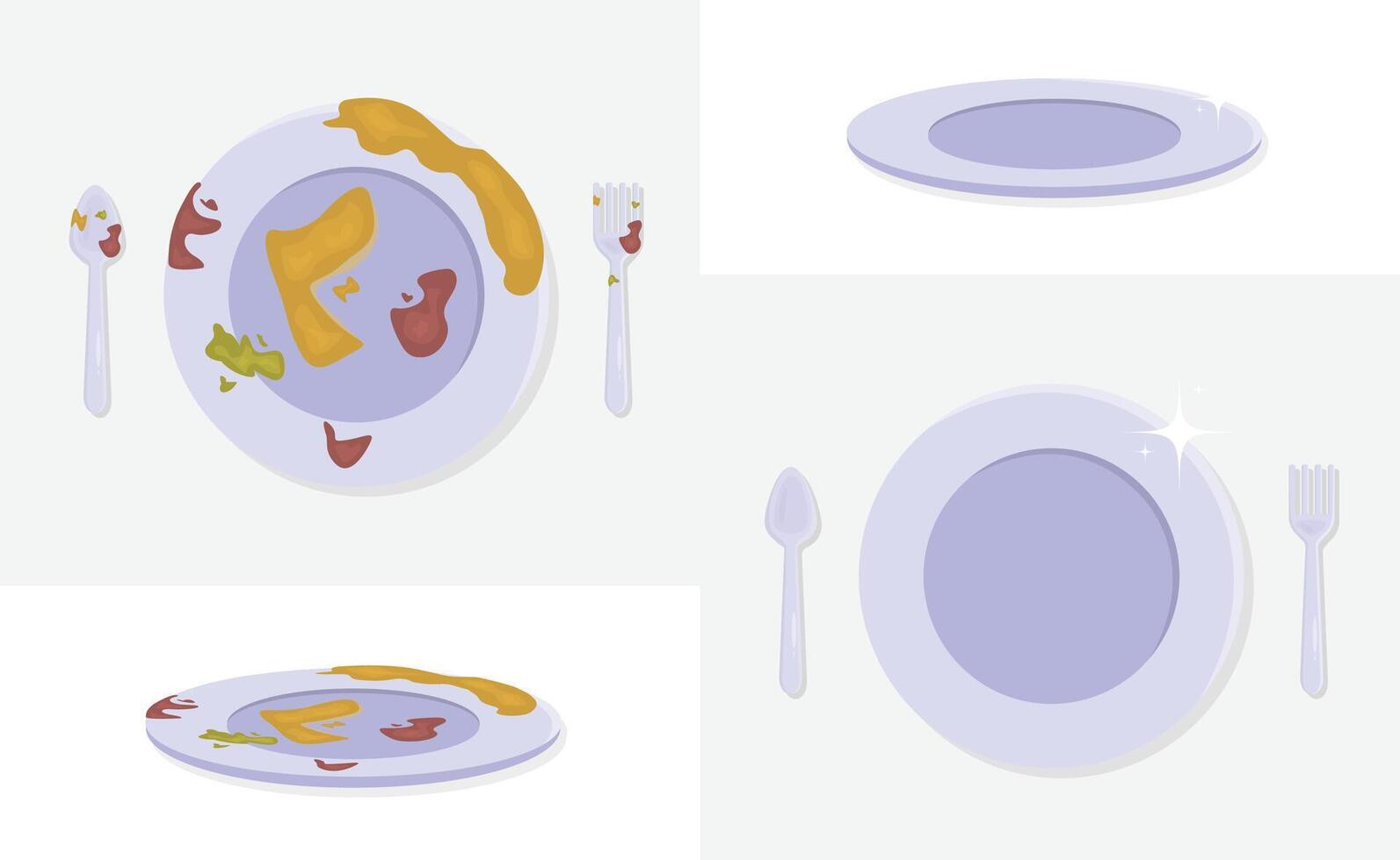 Dirty and clean plates, set of spoon and fork, washing product ads elements illustration isolated on background vector