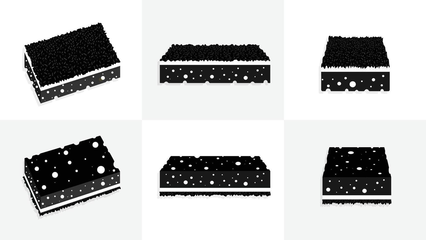 Set of different poses of silhouette sponges, black color washing pad icon design, texture add, illustration isolated on background vector