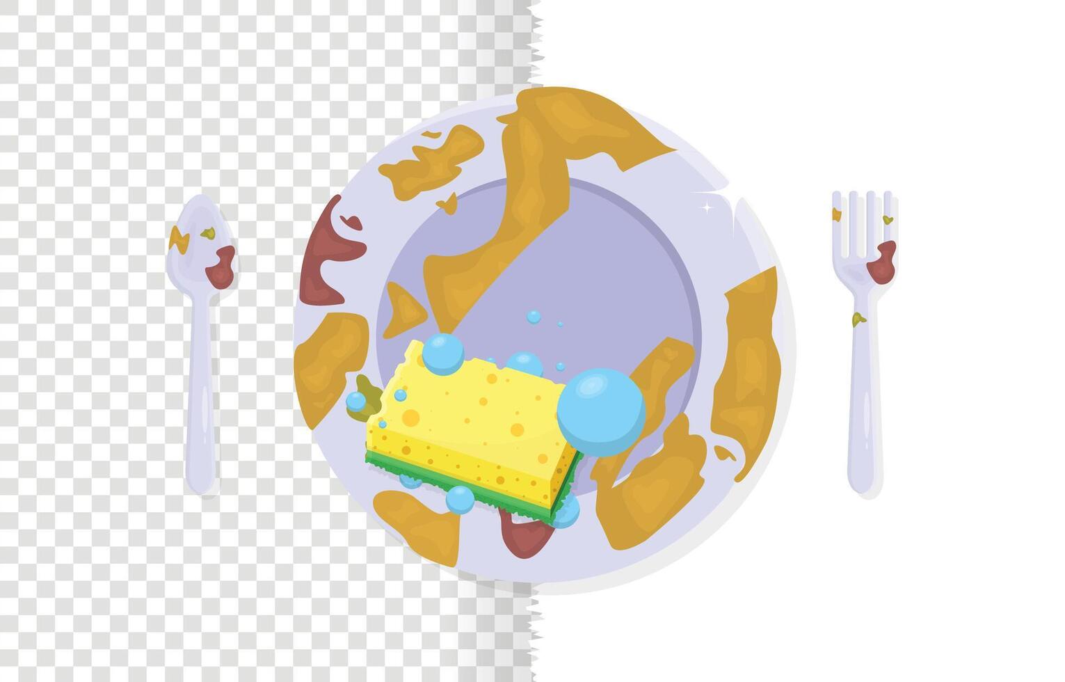 Sponge washing dirty dish, spoon and fork 2d flat illustration isolated on background vector