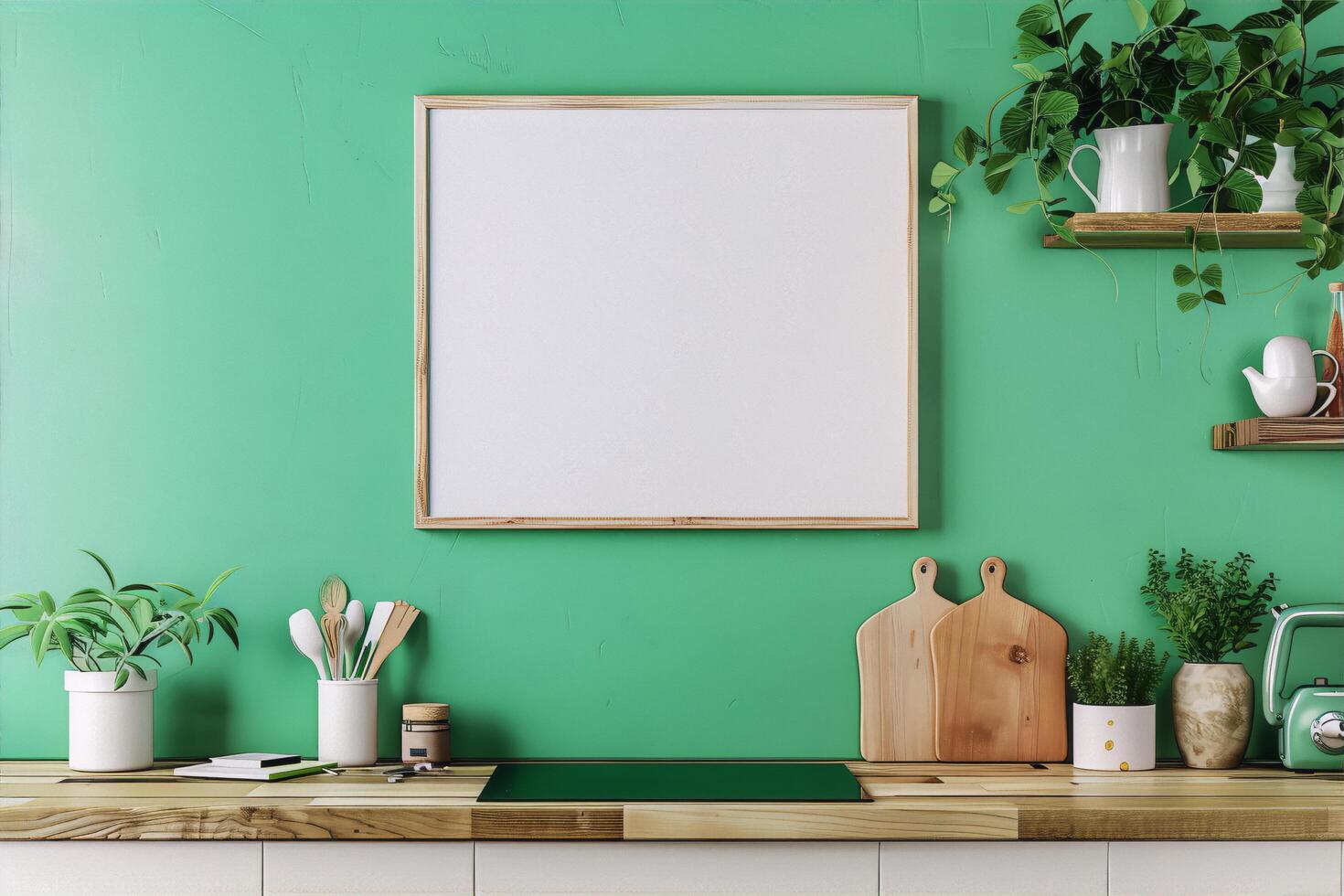 a green kitchen with a wooden table and a blank frame photo