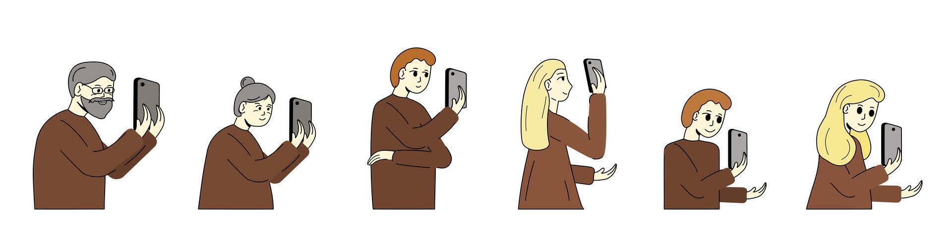 People looking at the phone illustration. People of different ages using smartphone. Chatting, work, watch content. Family with phones mother, father, daughter, son, grandmother, grandfather. vector