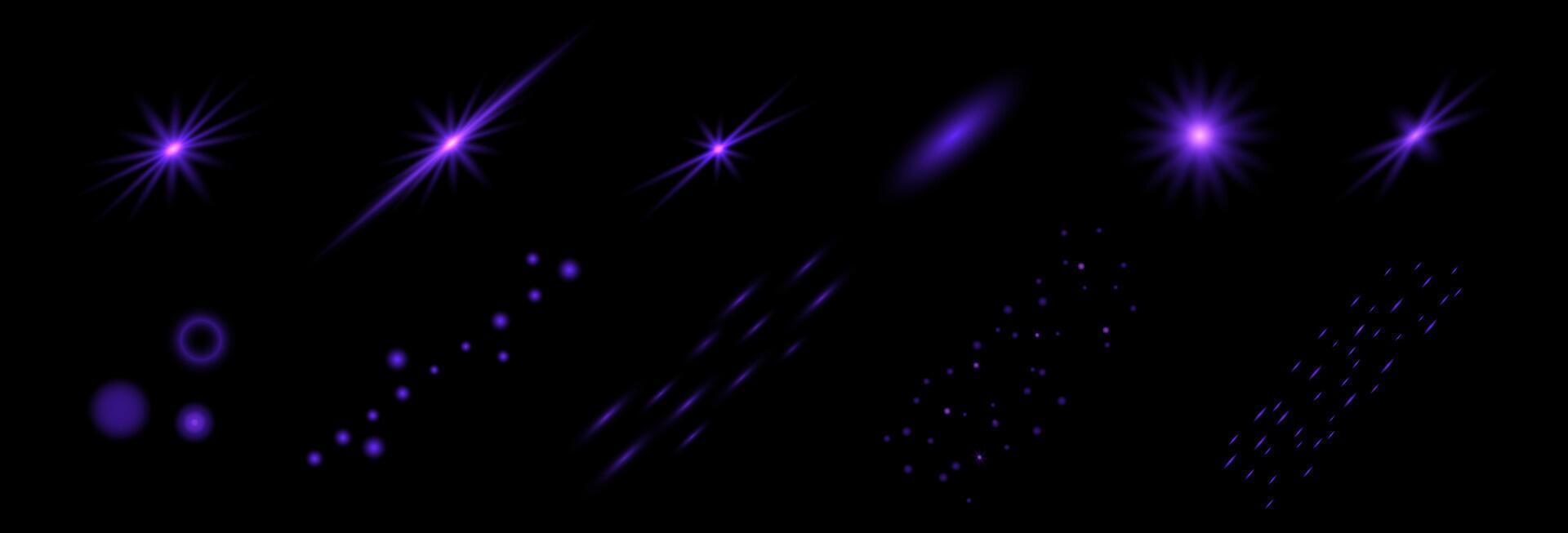 Magic light effect stars, cosmic dust, sparkles. Purple Sequins, Glare, Radiance, Light, Glitter. Set Violet Glowing bright shining effect isolated. vector