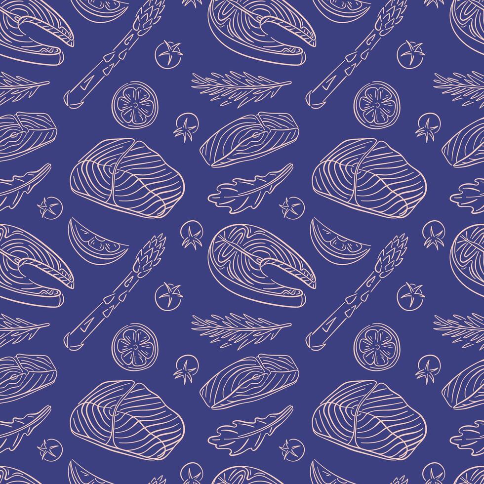 Seamless pattern with Salmon steak and ingredients in line art style. Tomato, lemon, rosemary, arugula, asparagus. Fish and vegetables design for menu, wallpaper, textile, wrapping. Blue background. vector