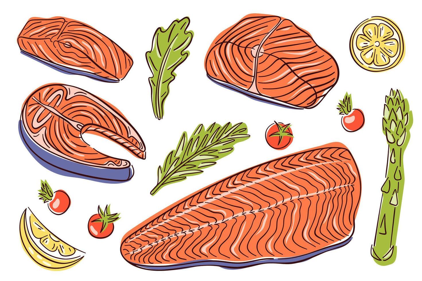 Line art style set featuring various cuts of salmon, with lemon slices, asparagus, tomatoes and herbs. Vibrant design of fresh and appeal of seafood. illustration isolated on white background. vector