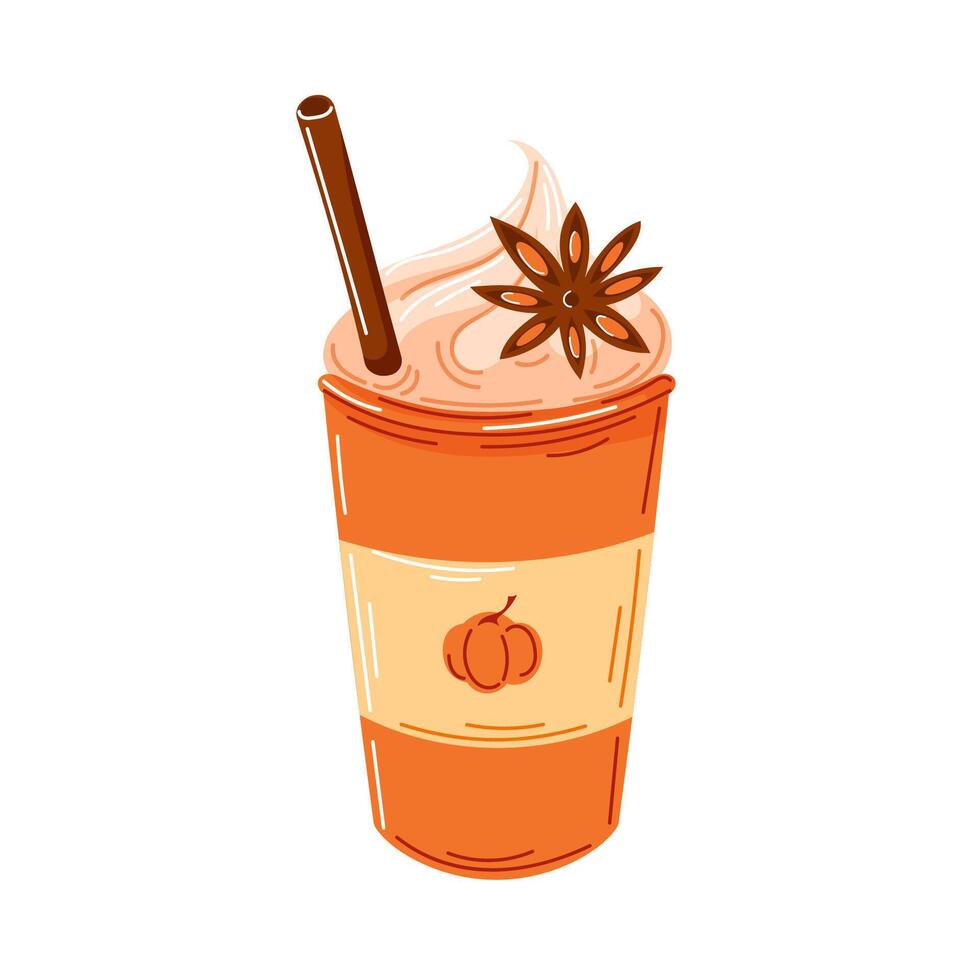 Spiced pumpkin coffee in disposable cup, topped with whipped cream, straw and a star anise. October autumn cozy drink in cartoon style. illustration isolated on a white background. vector
