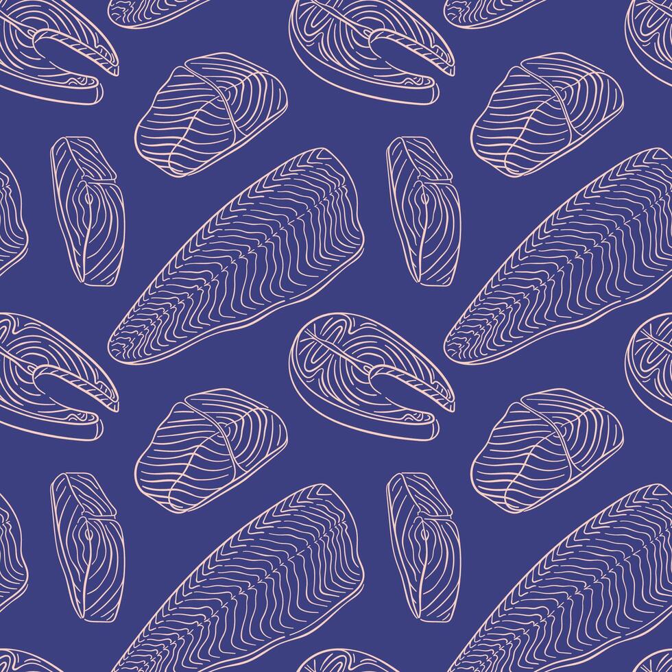 Salmon slice seamless pattern in line art style. Food design for seafood restaurant menu. illustration on a blue background. vector