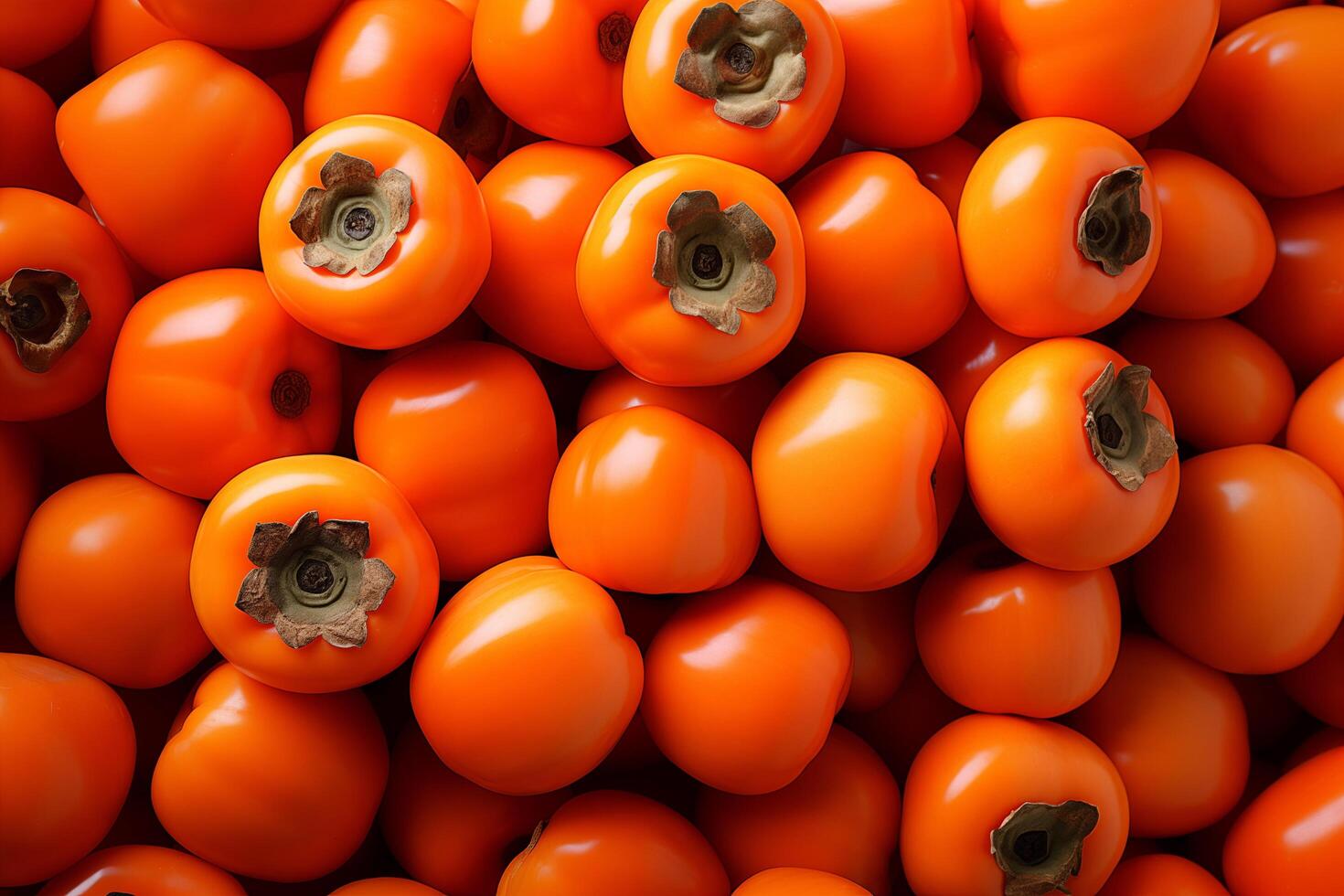 A pile of fresh Persimmon fruit form the background, shown from above photo