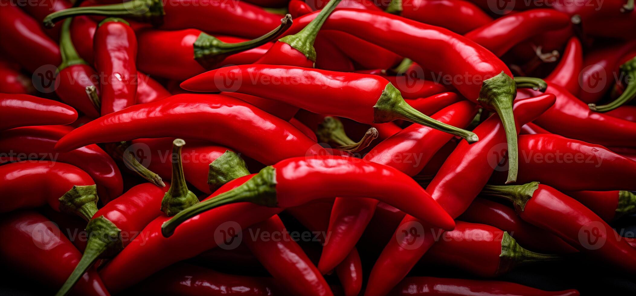 A pile of fresh red hot chilli peppers form the background, shown from above photo