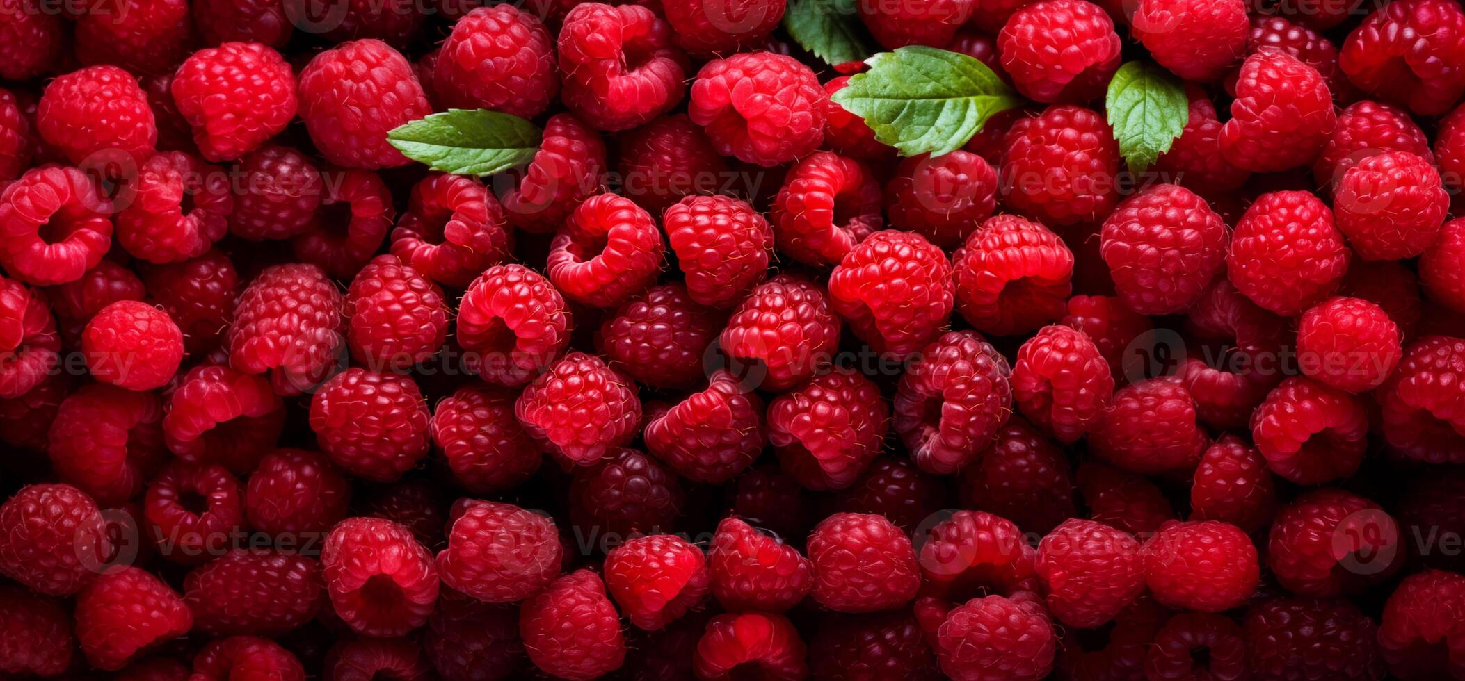 A pile of fresh Raspberry form the background, shown from above photo