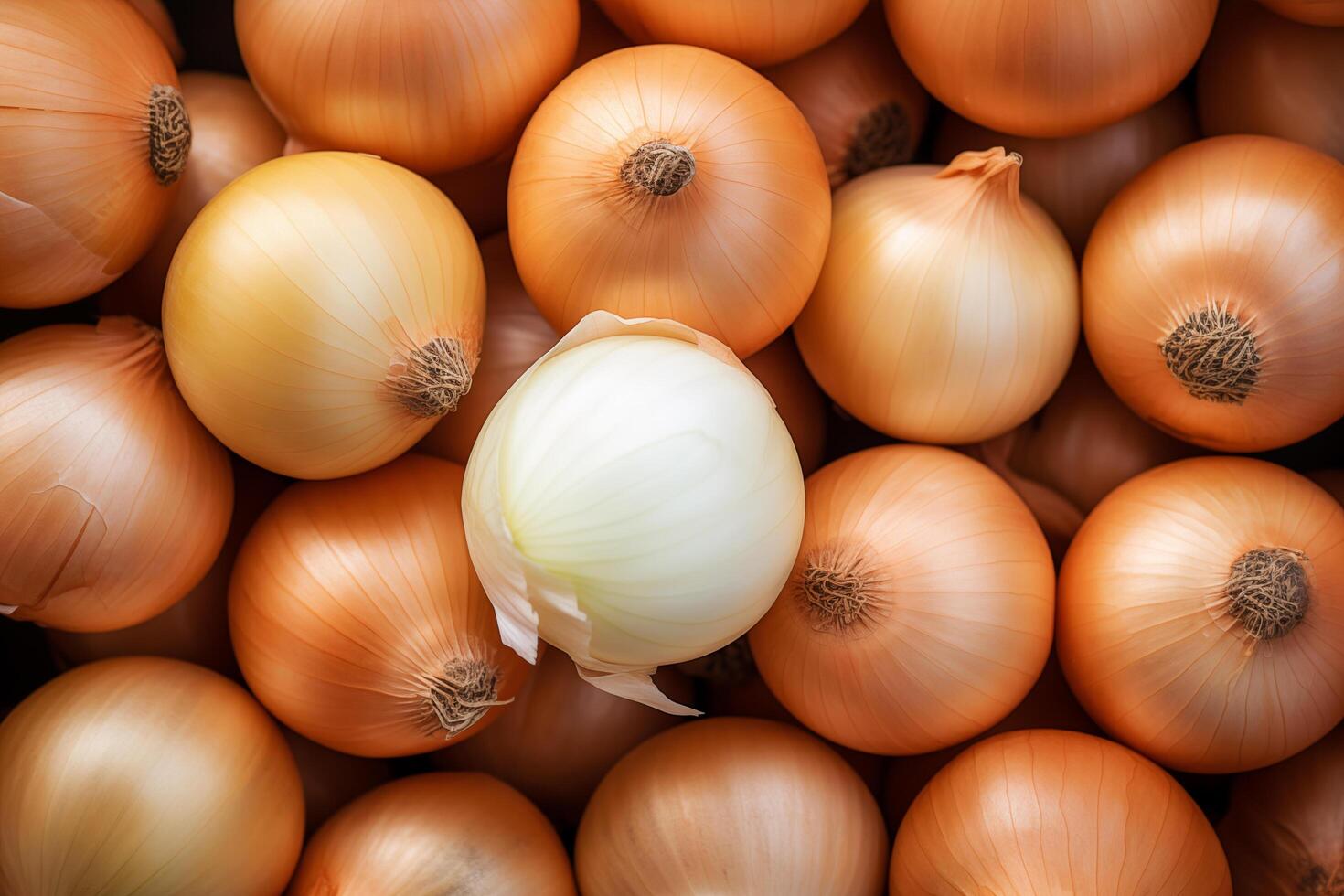 A pile of fresh onion form the background, shown from above photo