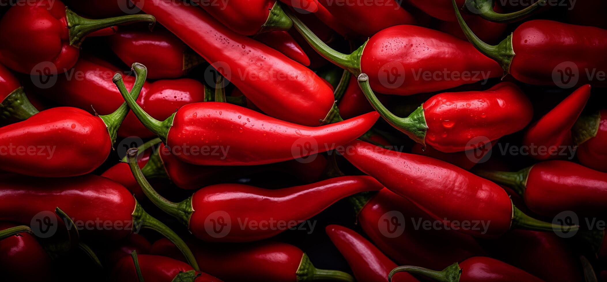 A pile of fresh red hot chilli peppers form the background, shown from above photo