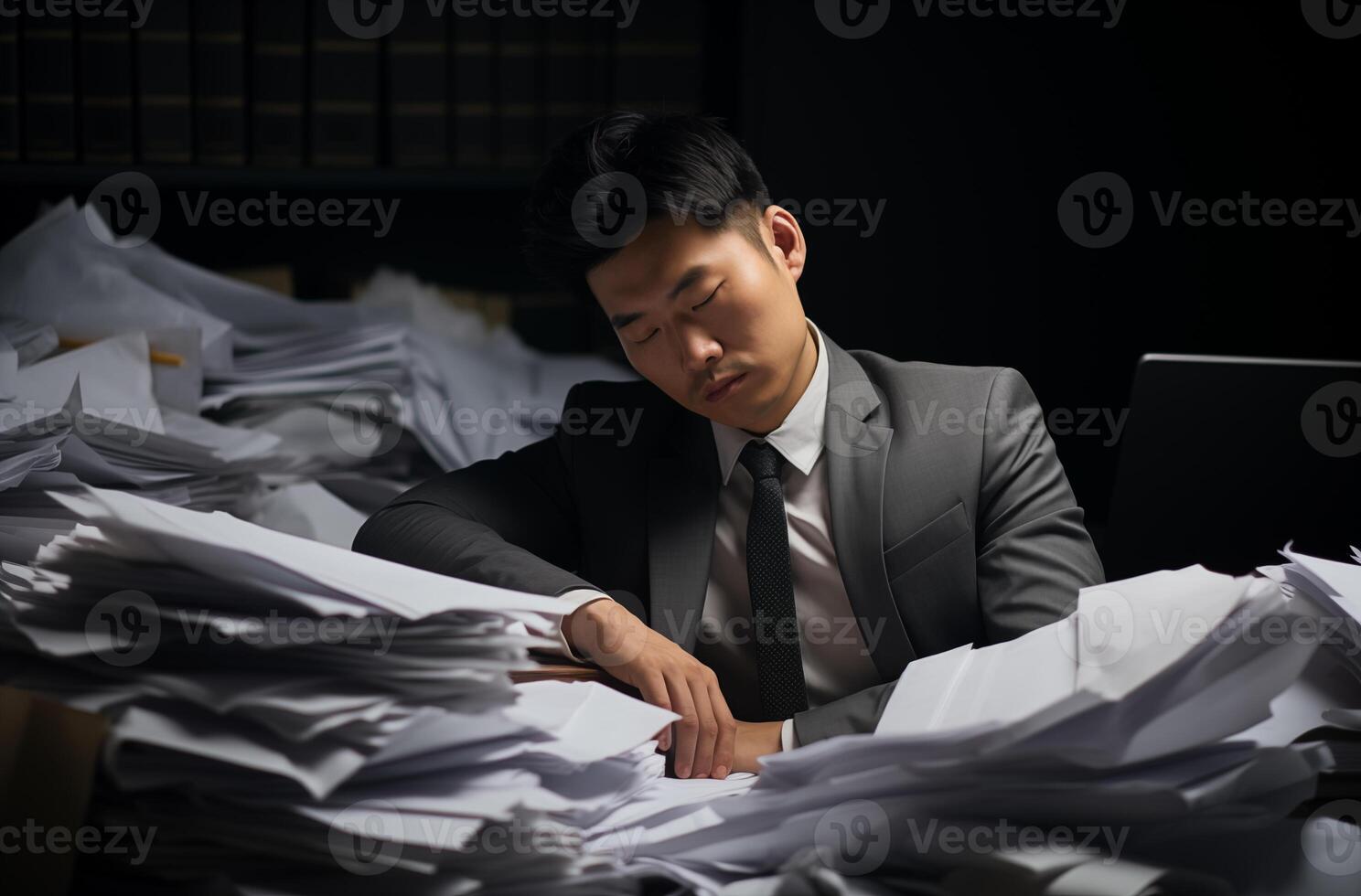 A tired Asian businessman sleeping at his desk with papers and laptop photo