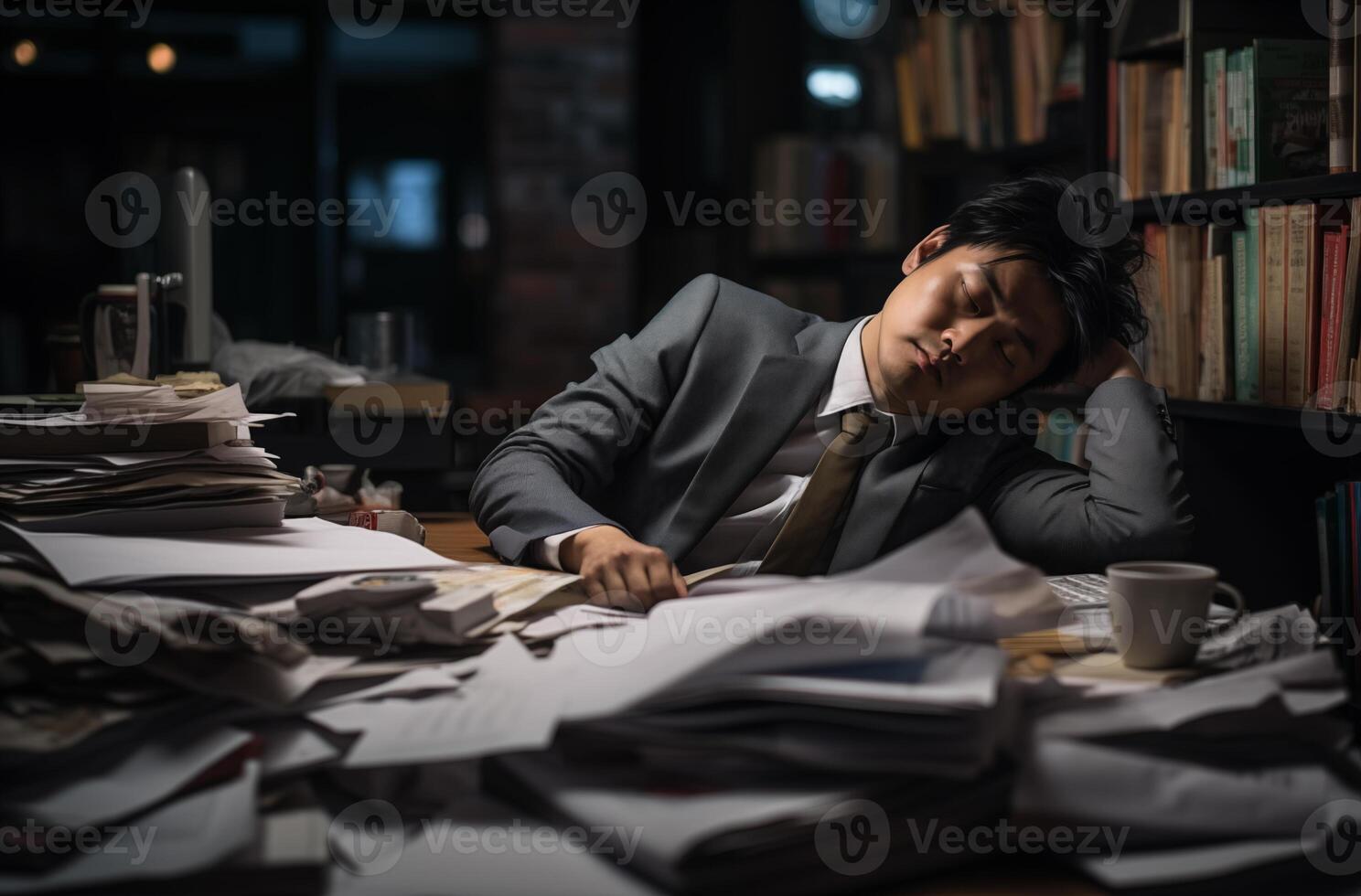 A tired Asian businessman sleeping at his desk with papers and laptop photo