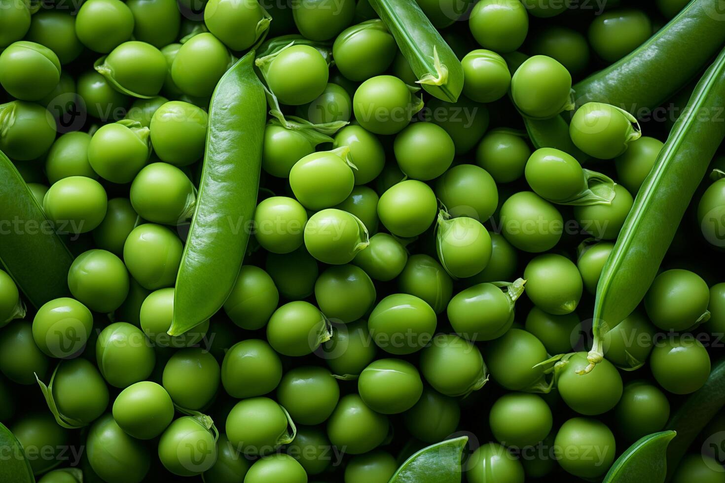 A pile of fresh green Pea pod form the background, shown from above photo