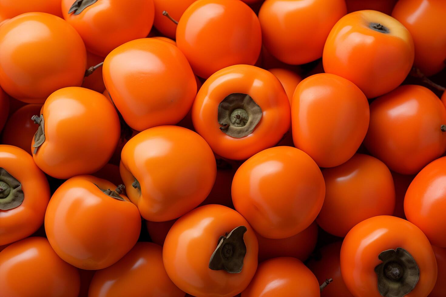 A pile of fresh Persimmon fruit form the background, shown from above photo