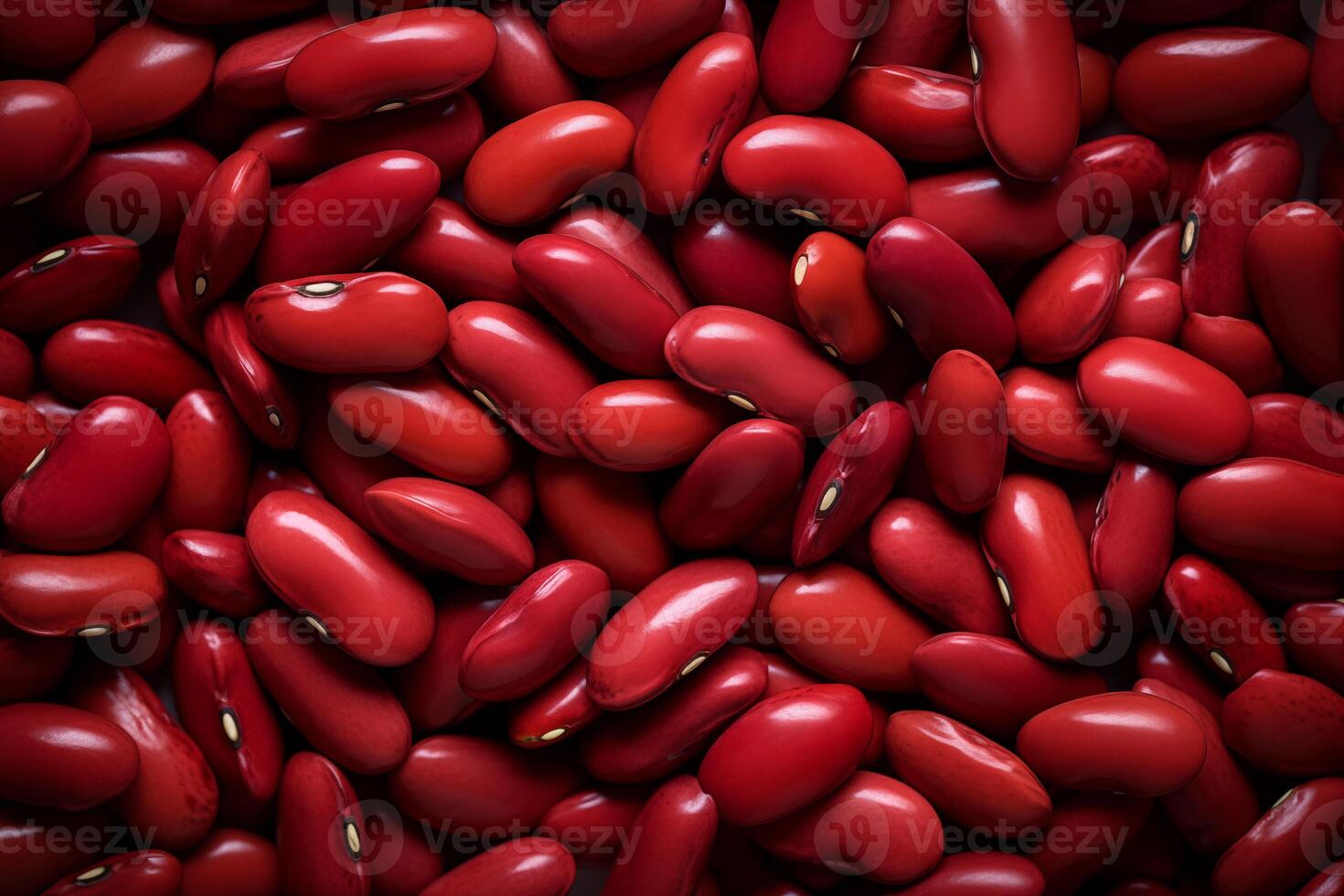 A pile of fresh red kidney beans form the background, shown from above photo