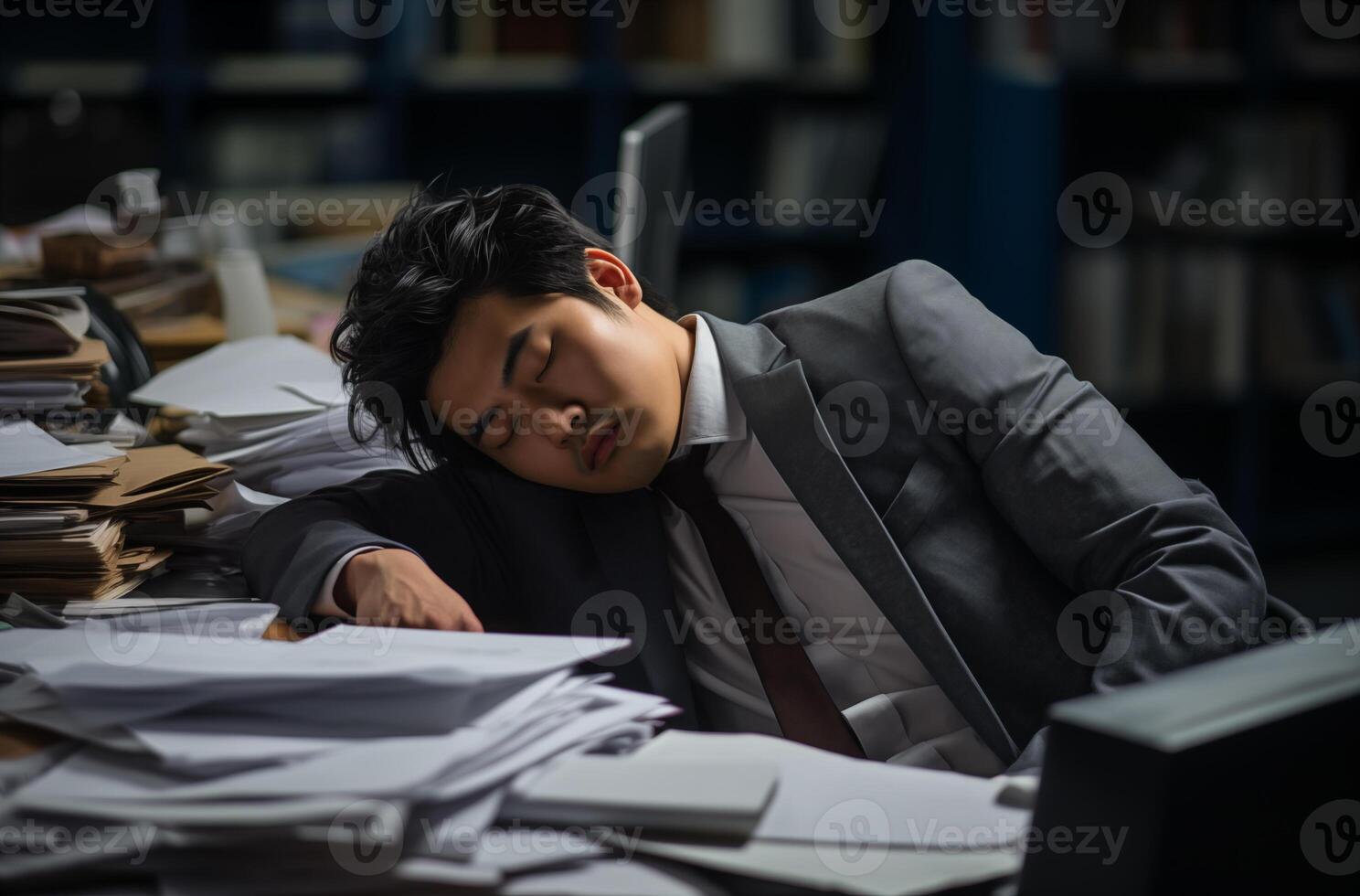 A tired Asian businessman sleeping at his desk with papers and laptop photo