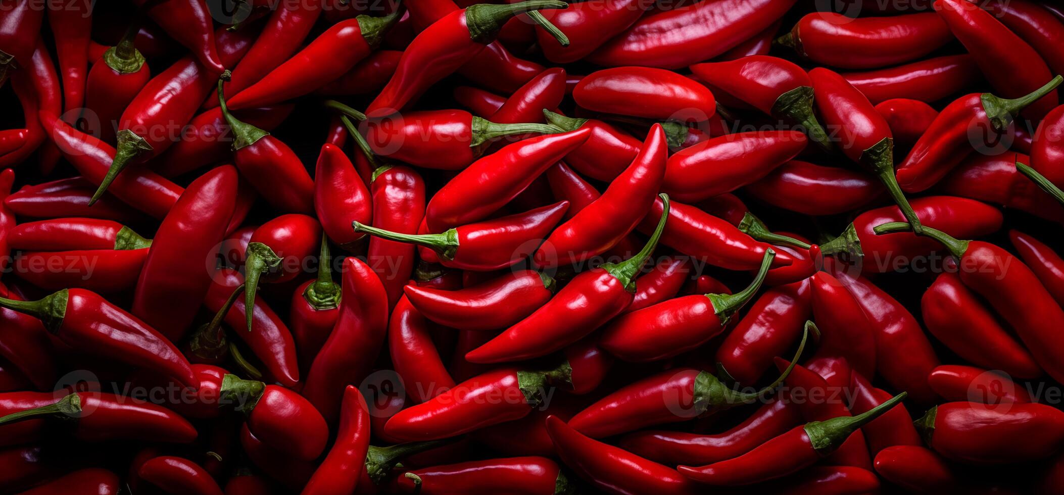 A pile of fresh red hot chilli peppers form the background, shown from above photo