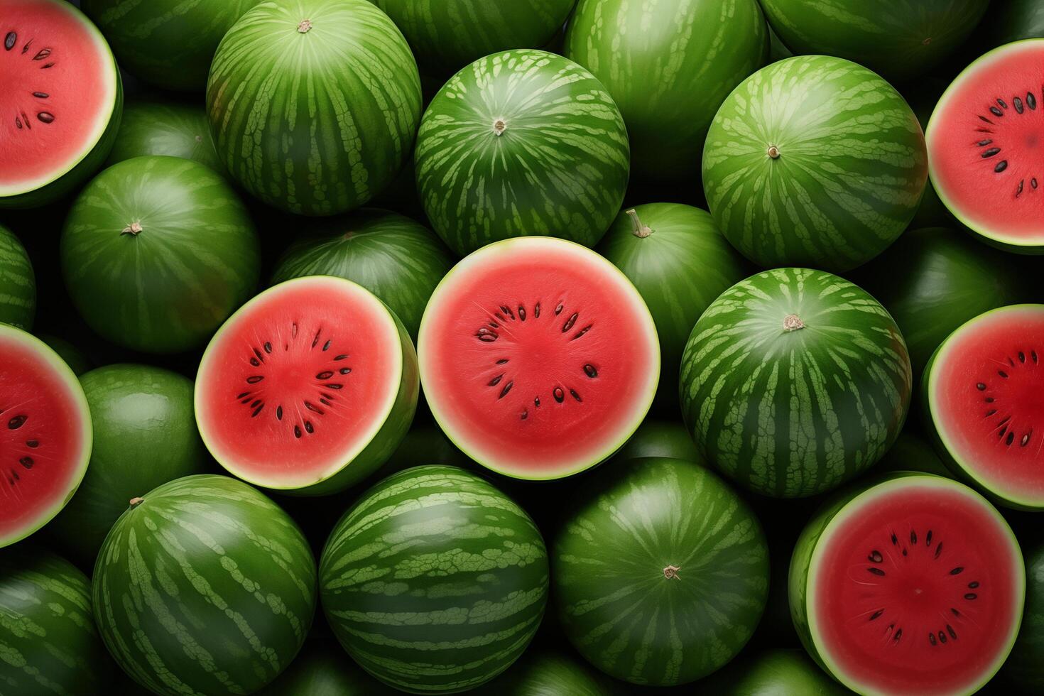 A pile of fresh Watermelon form the background, shown from above photo