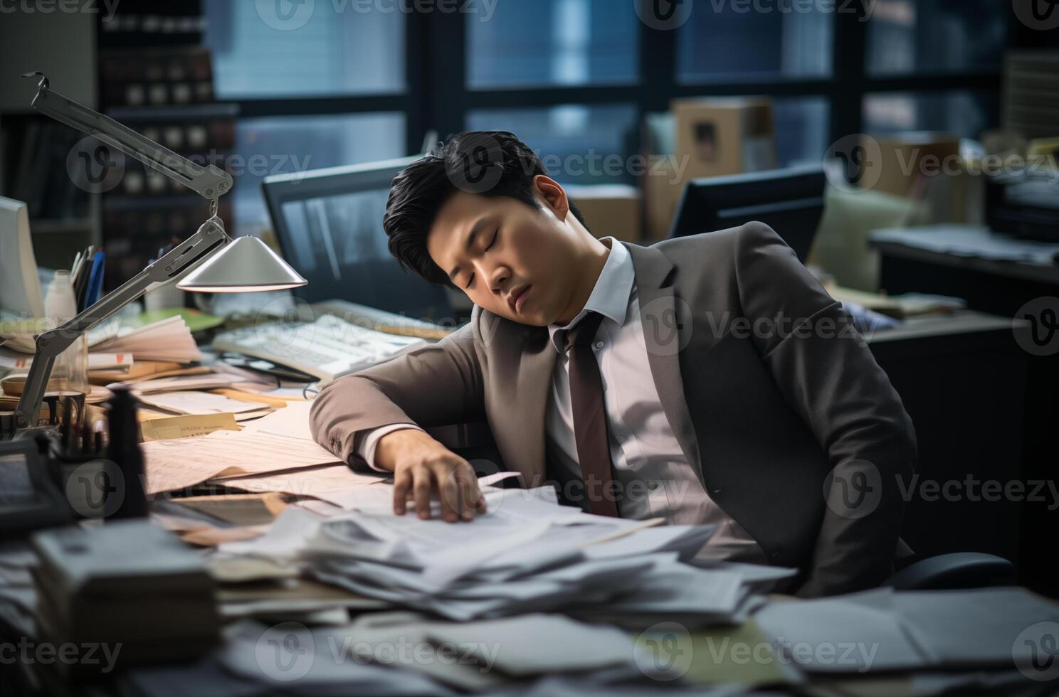 A tired Asian businessman sleeping at his desk with papers and laptop photo