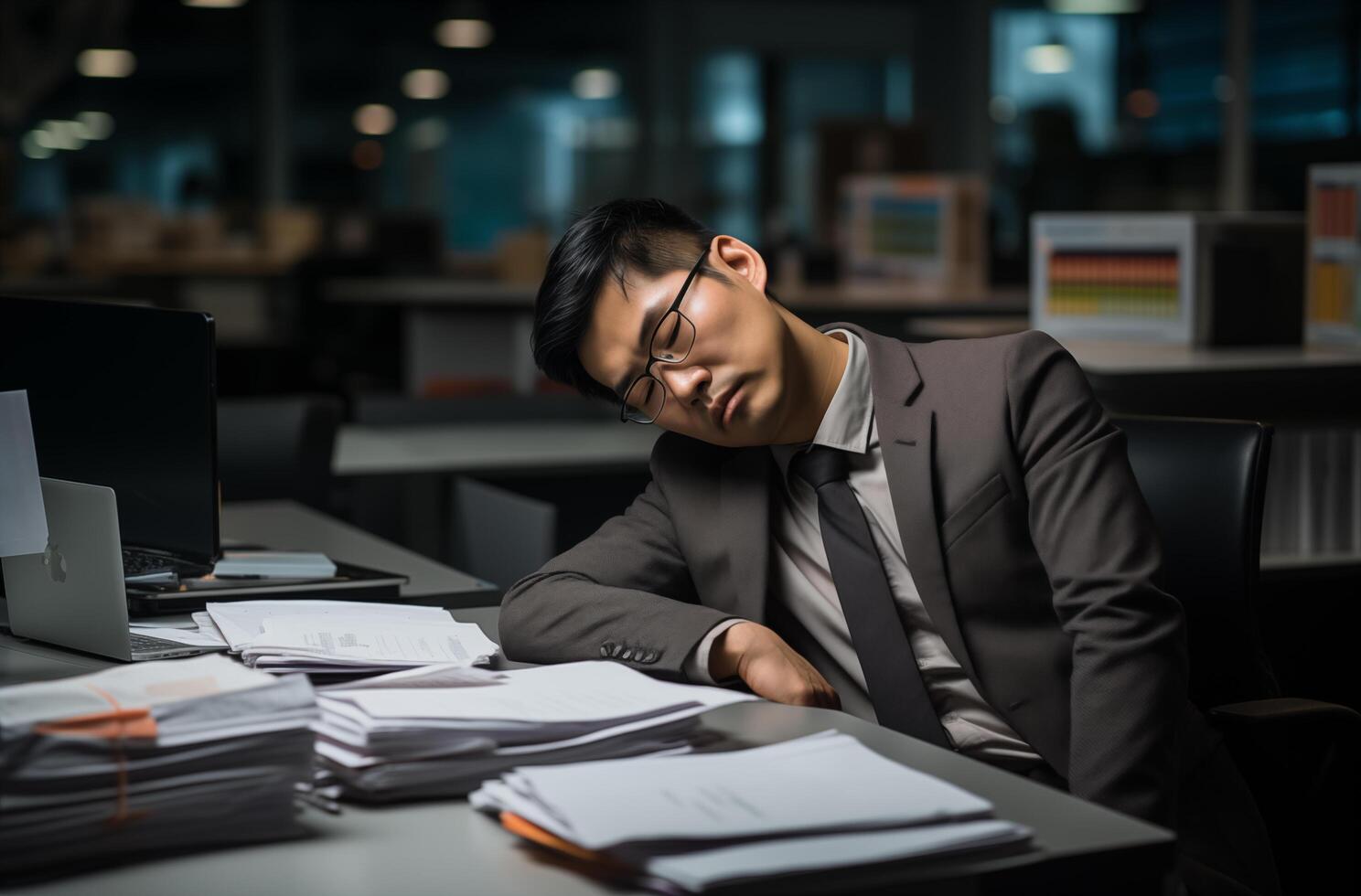 A tired Asian businessman sleeping at his desk with papers and laptop photo
