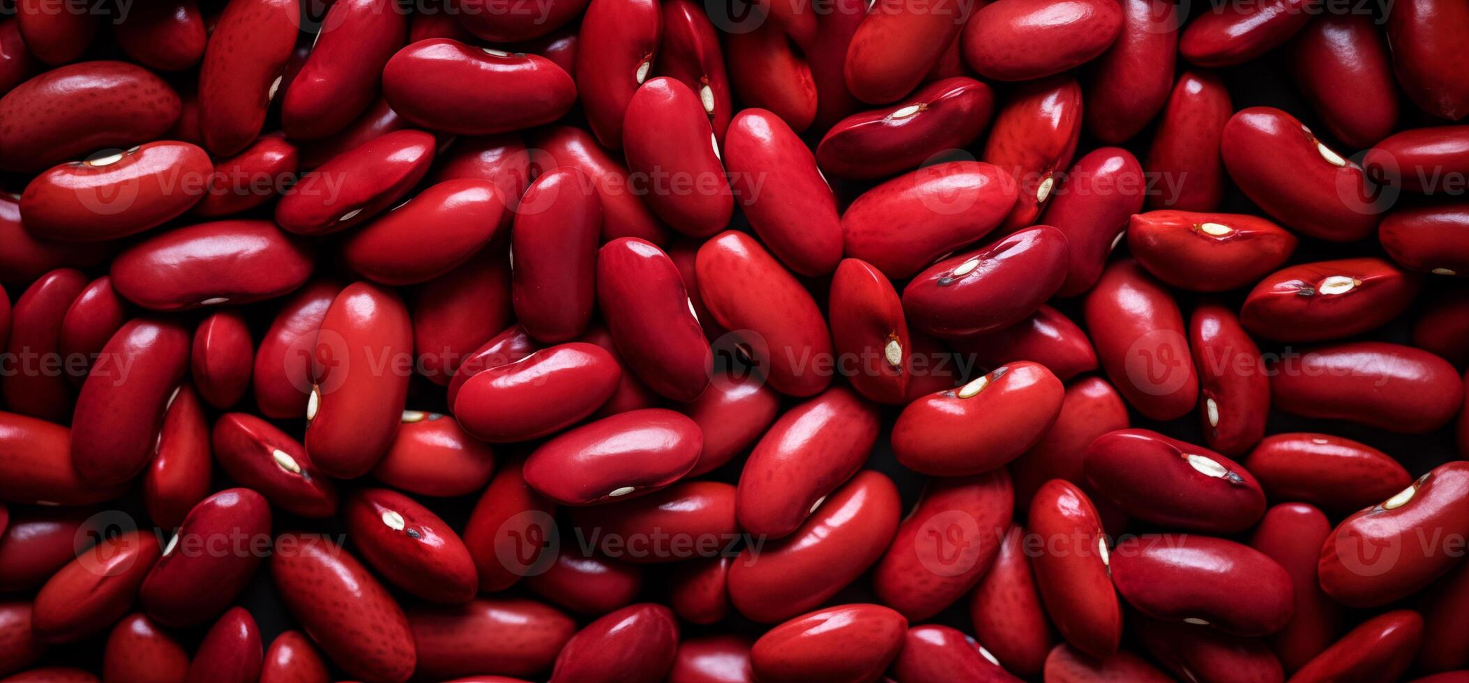 A pile of fresh red kidney beans form the background, shown from above photo