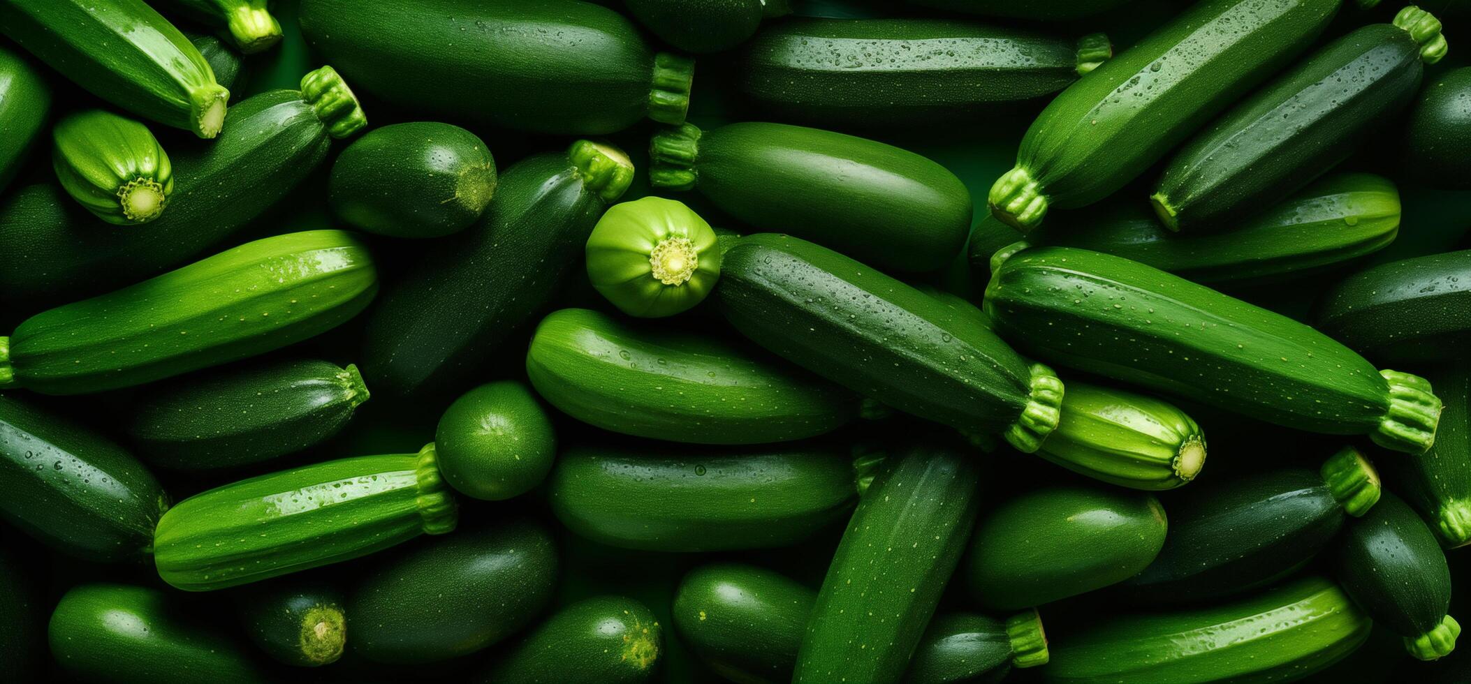 A pile of fresh Zucchini form the background, shown from above photo