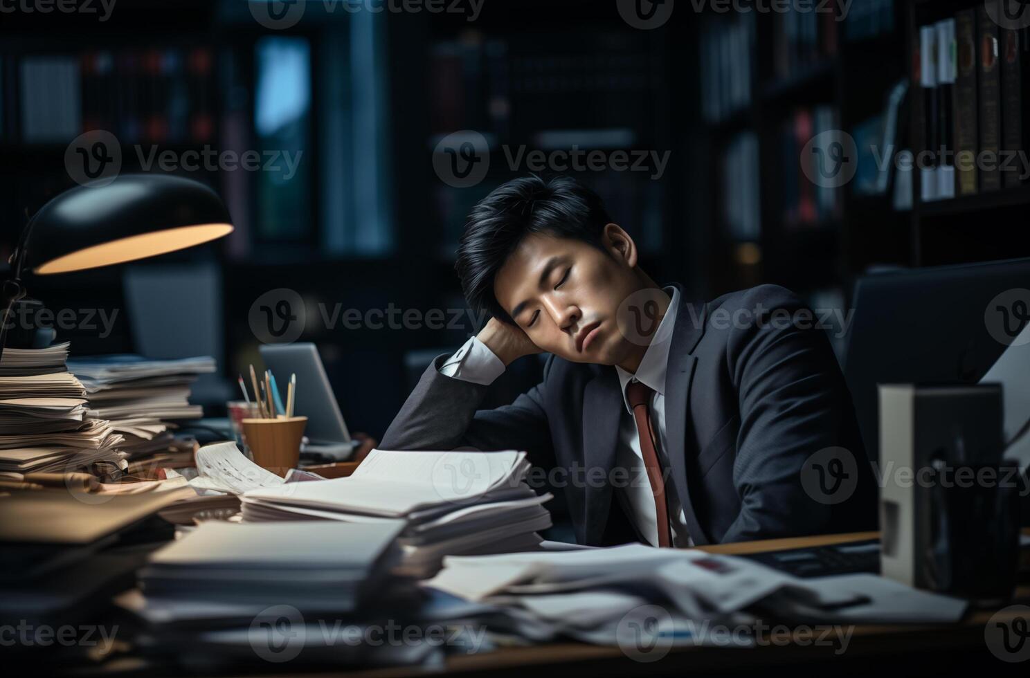 A tired Asian businessman sleeping at his desk with papers and laptop photo