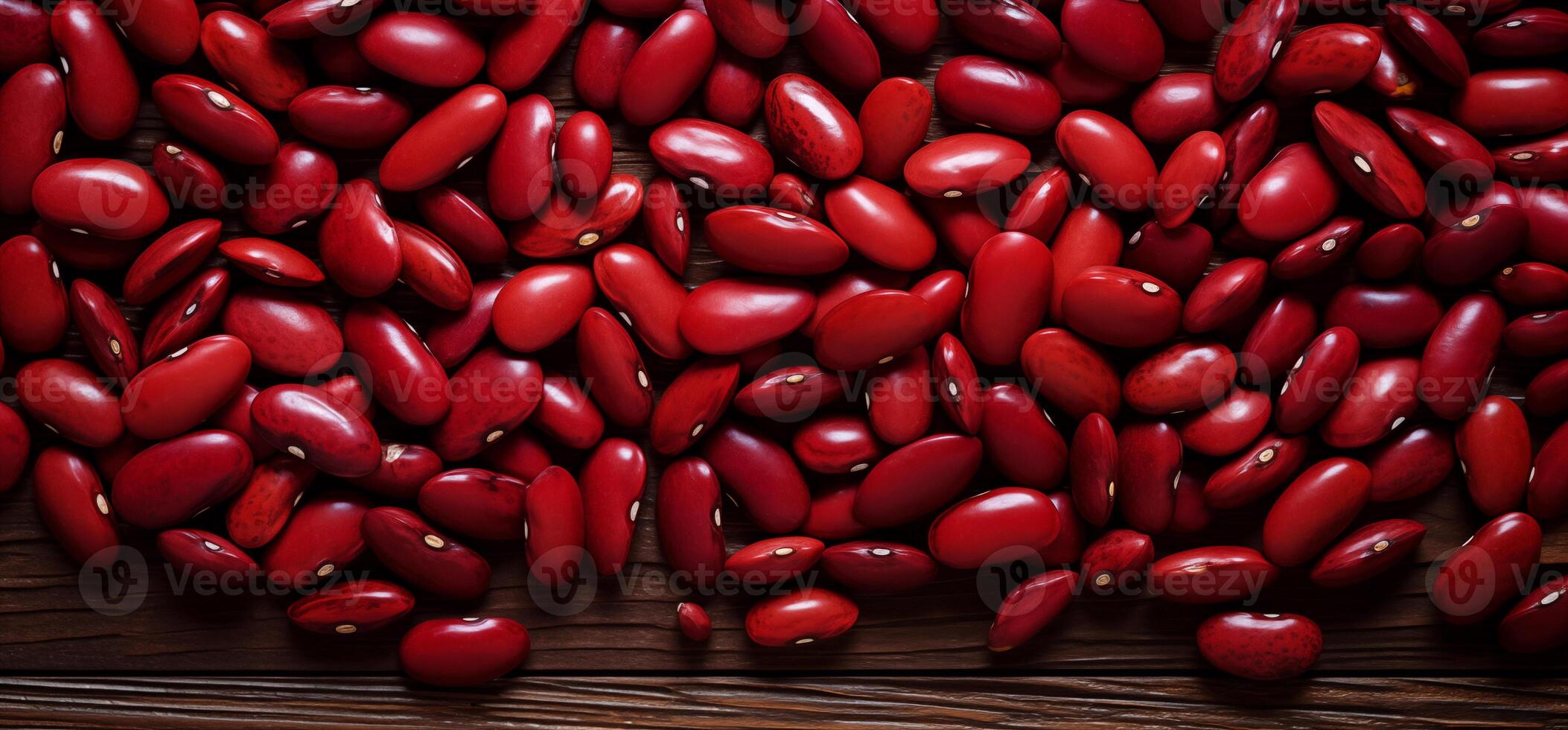 A pile of fresh red kidney beans form the background, shown from above photo