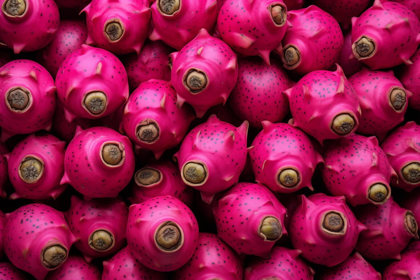 A pile of fresh dragon fruit form the background, shown from above photo