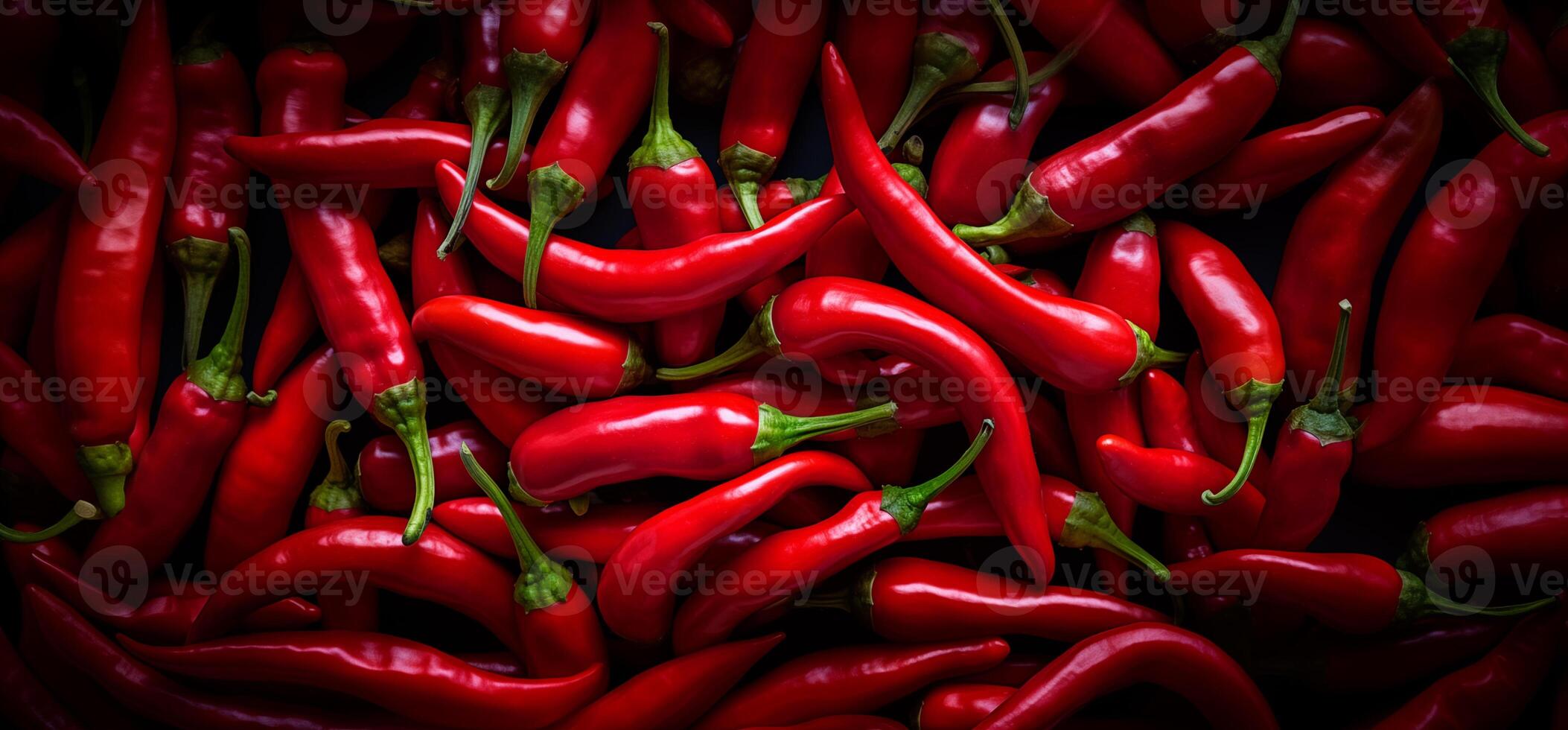 A pile of fresh red hot chilli peppers form the background, shown from above photo