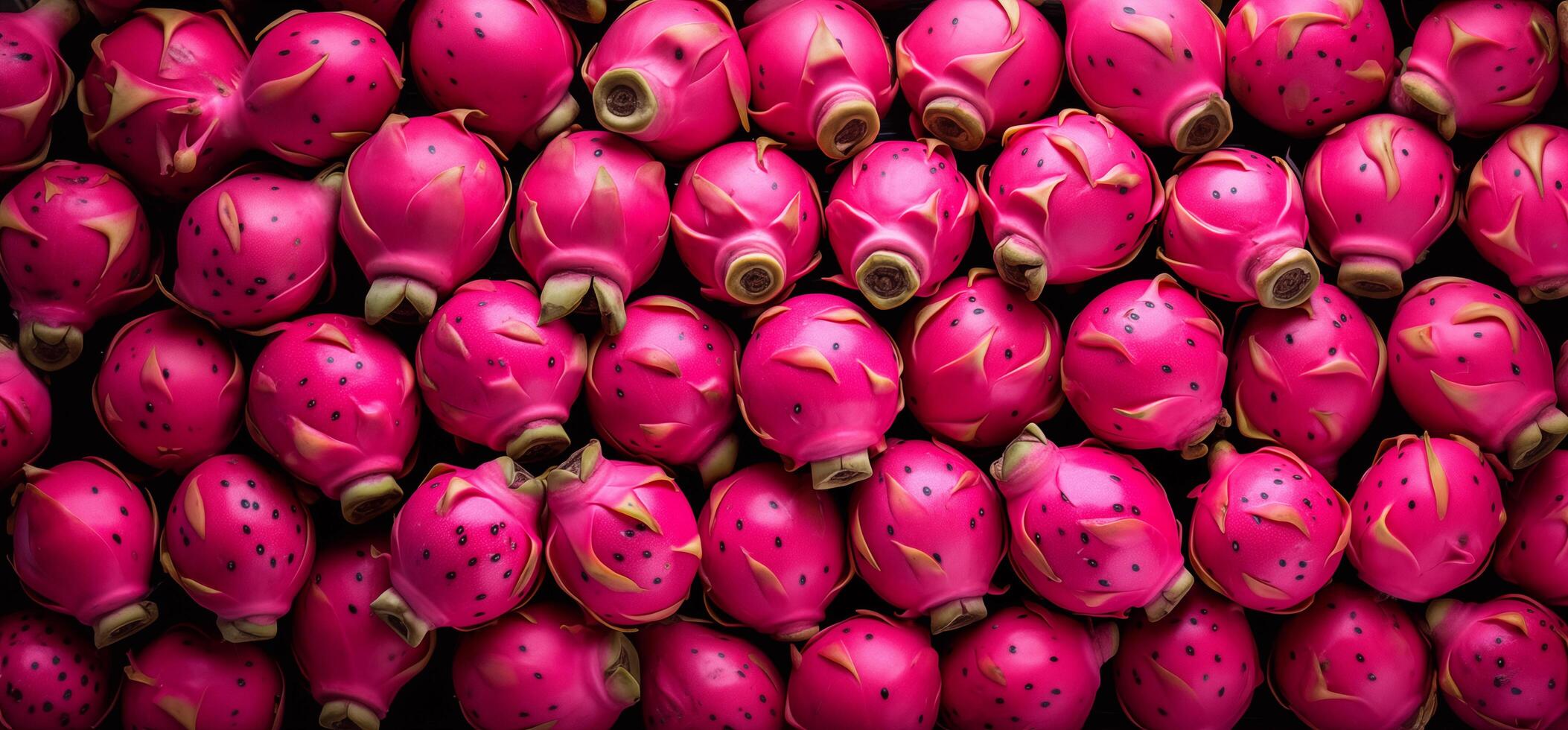 A pile of fresh dragon fruit form the background, shown from above photo