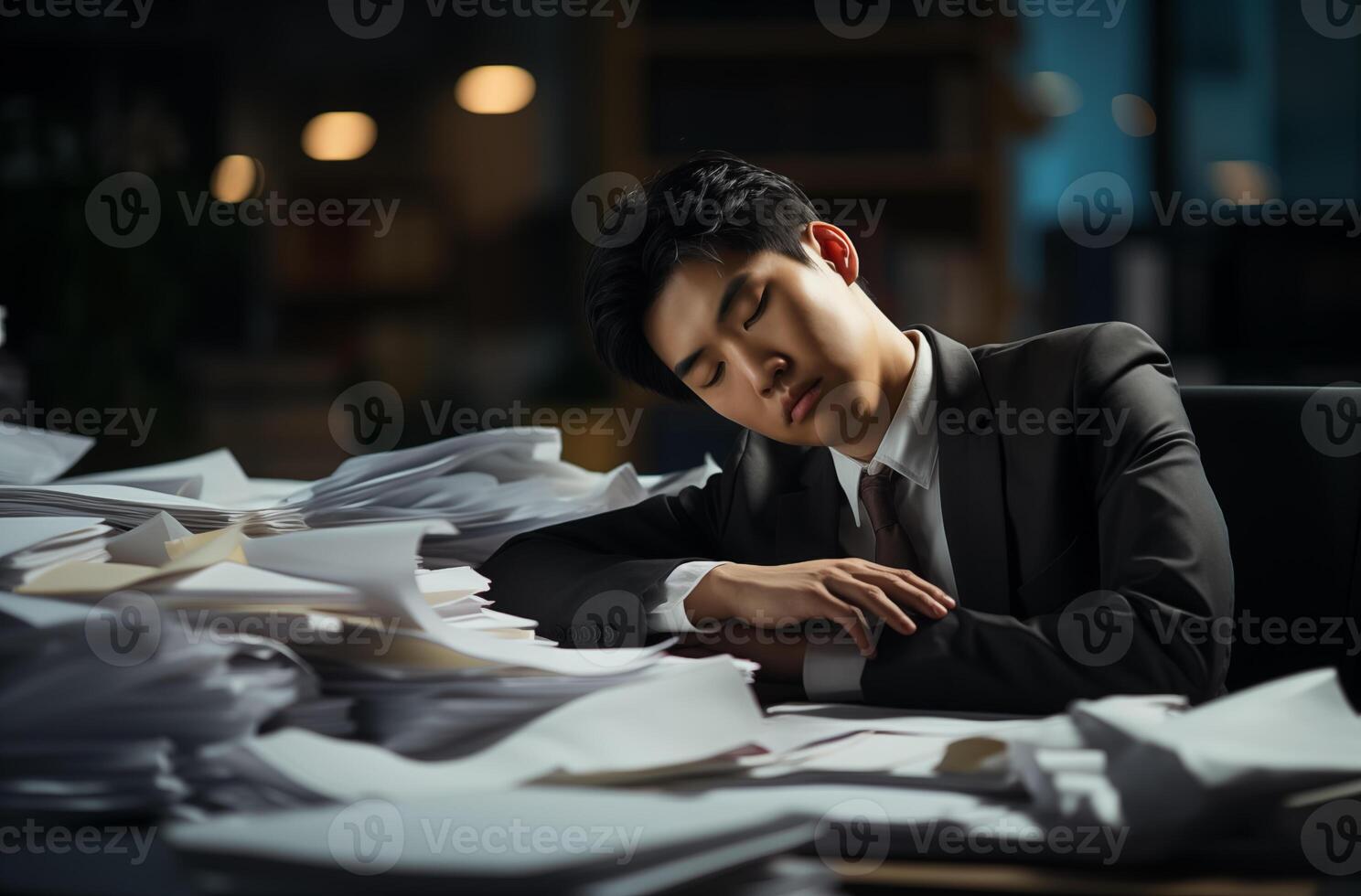 A tired Asian businessman sleeping at his desk with papers and laptop photo