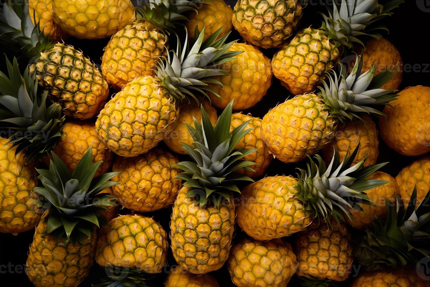 A pile of fresh Pineapple form the background, shown from above photo
