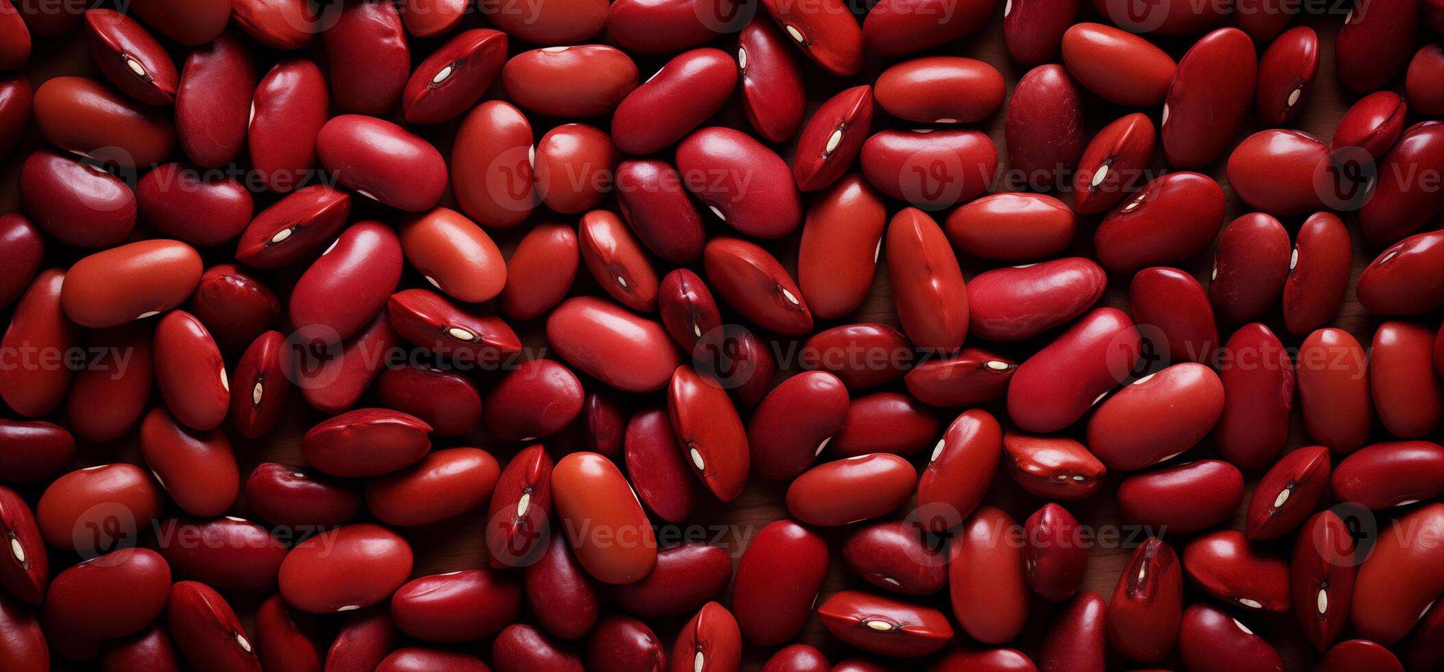 A pile of fresh red kidney beans form the background, shown from above photo