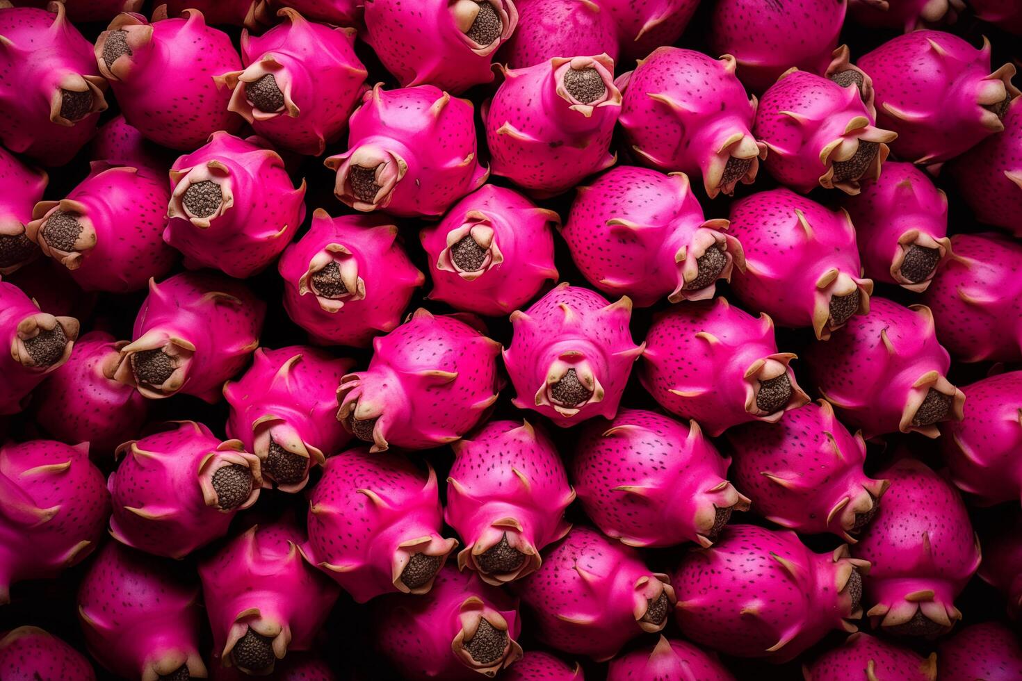 A pile of fresh dragon fruit form the background, shown from above photo
